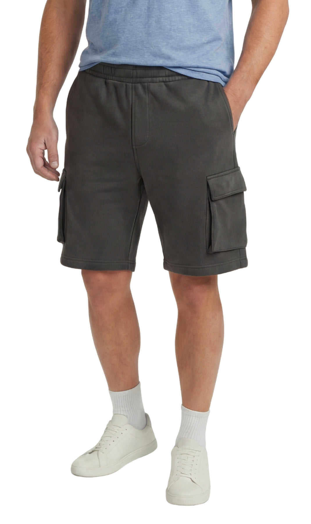 Men's relaxed fit fleece cargo shorts in charcoal with elastic drawstring waist and side pockets