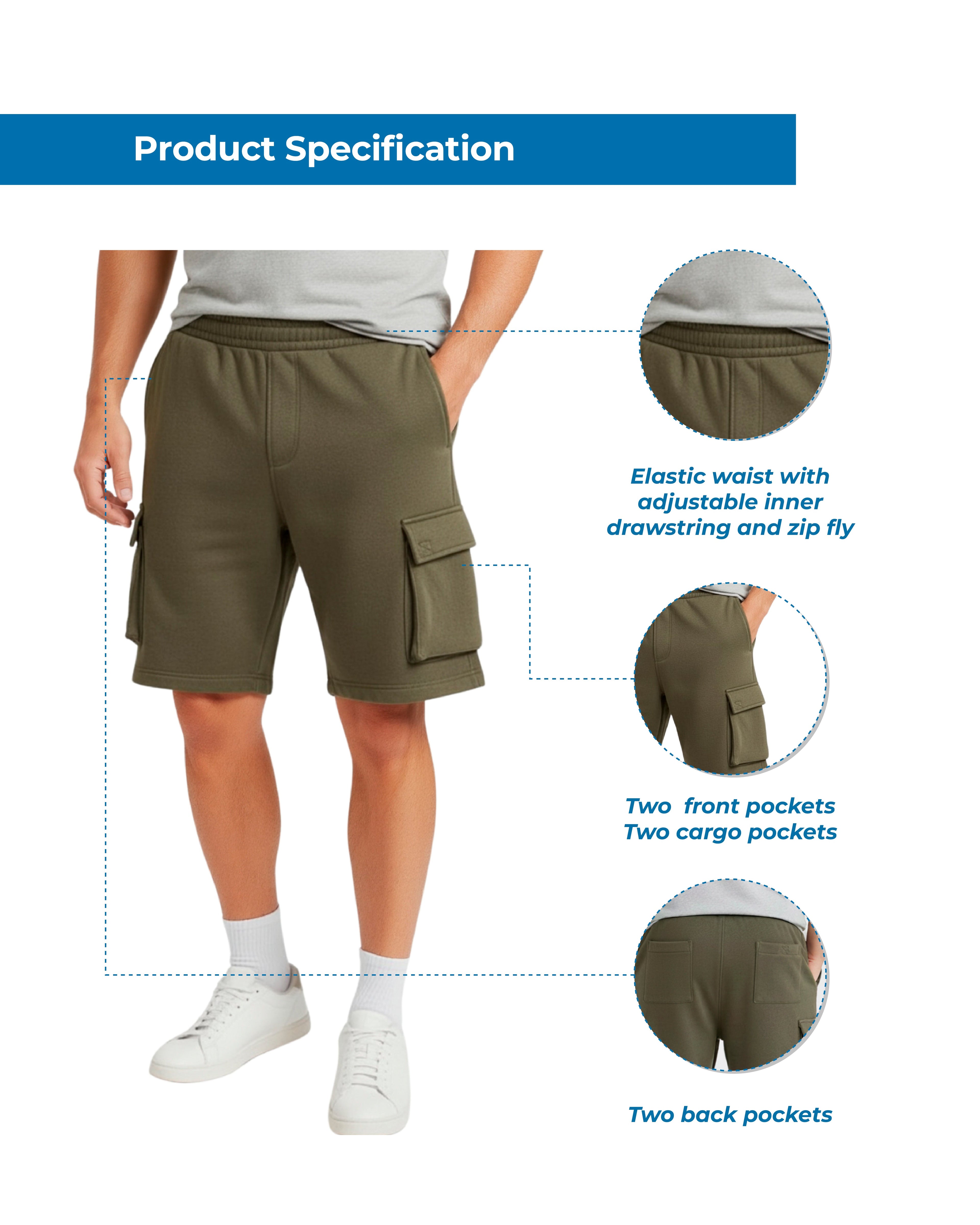 Men's Fleece Cargo Shorts – Relaxed Fit Elastic Waist Utility