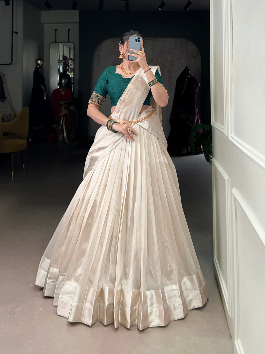 Stitched white Poly Tasar lehenga choli set with decorative border