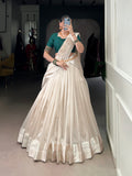Stitched white Poly Tasar lehenga choli set with decorative border
