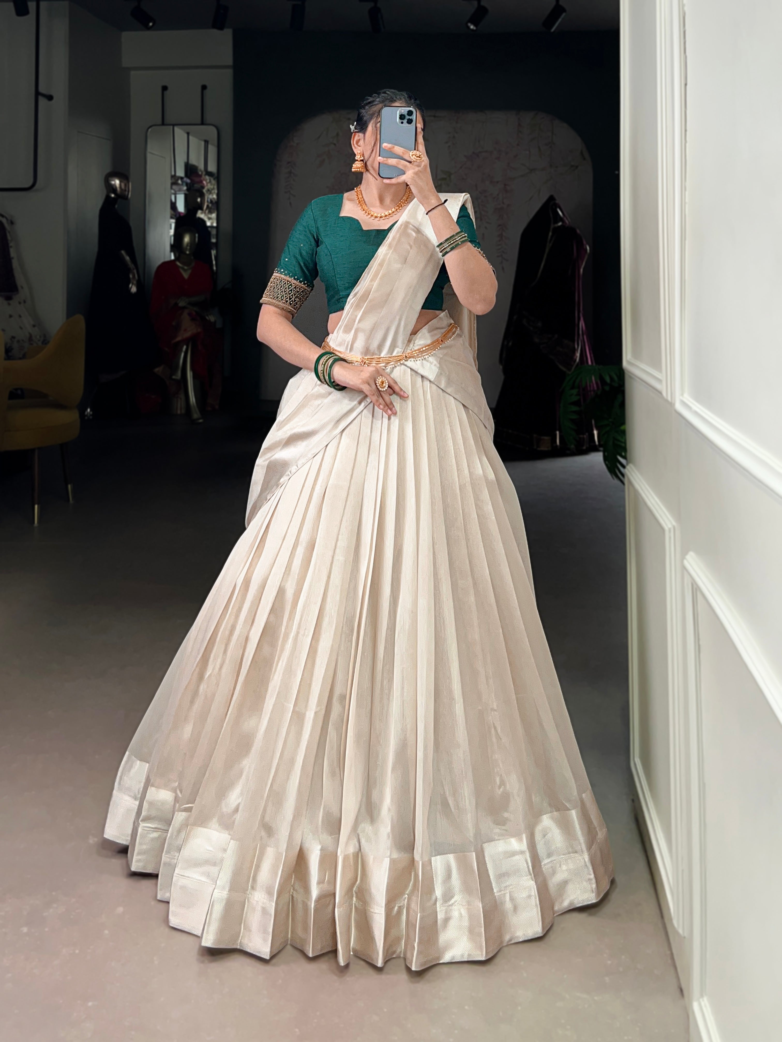 Stitched white Poly Tasar lehenga choli set with decorative border