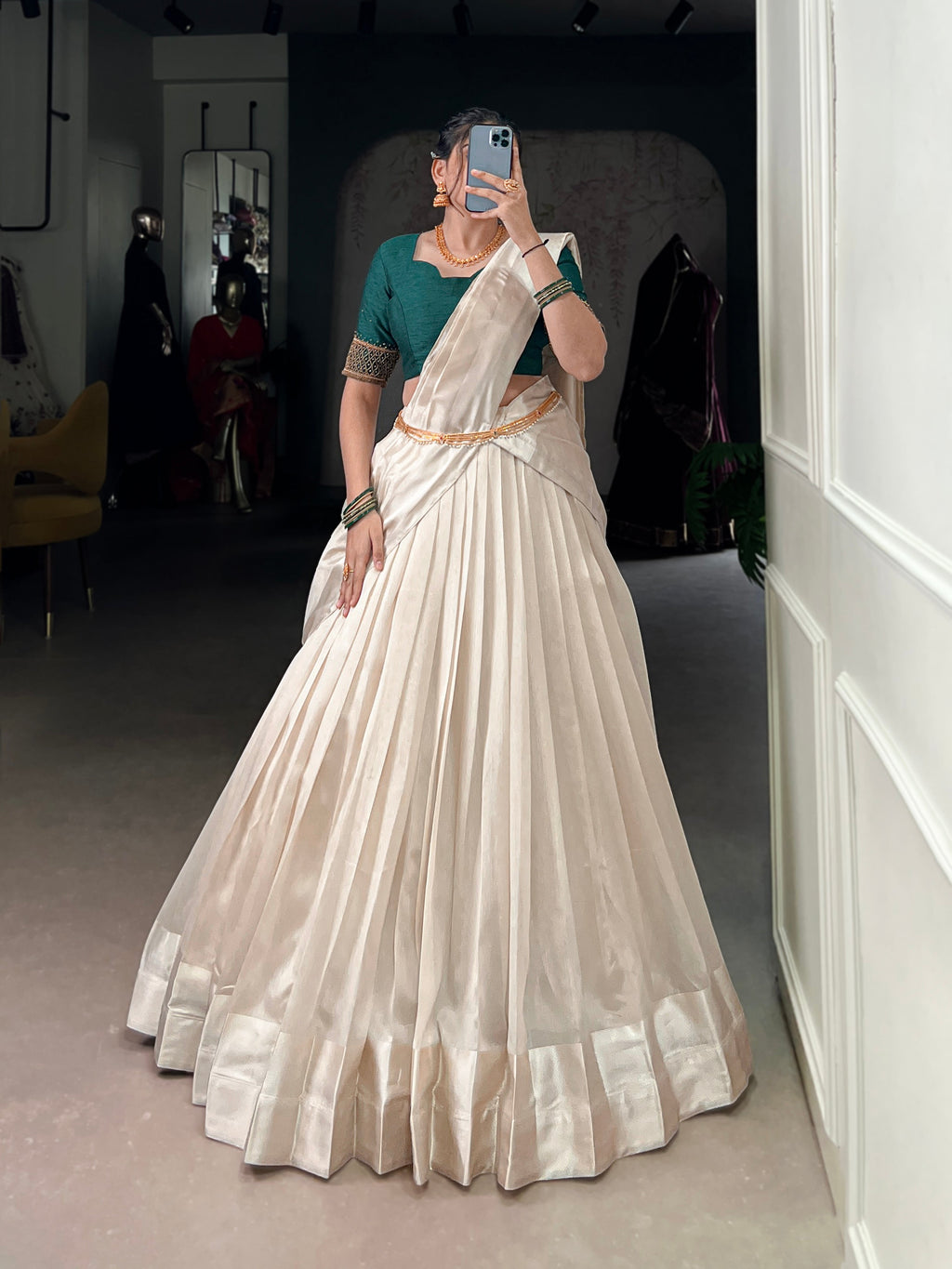 White Poly Tasar Lehenga Choli with Viscose Border
