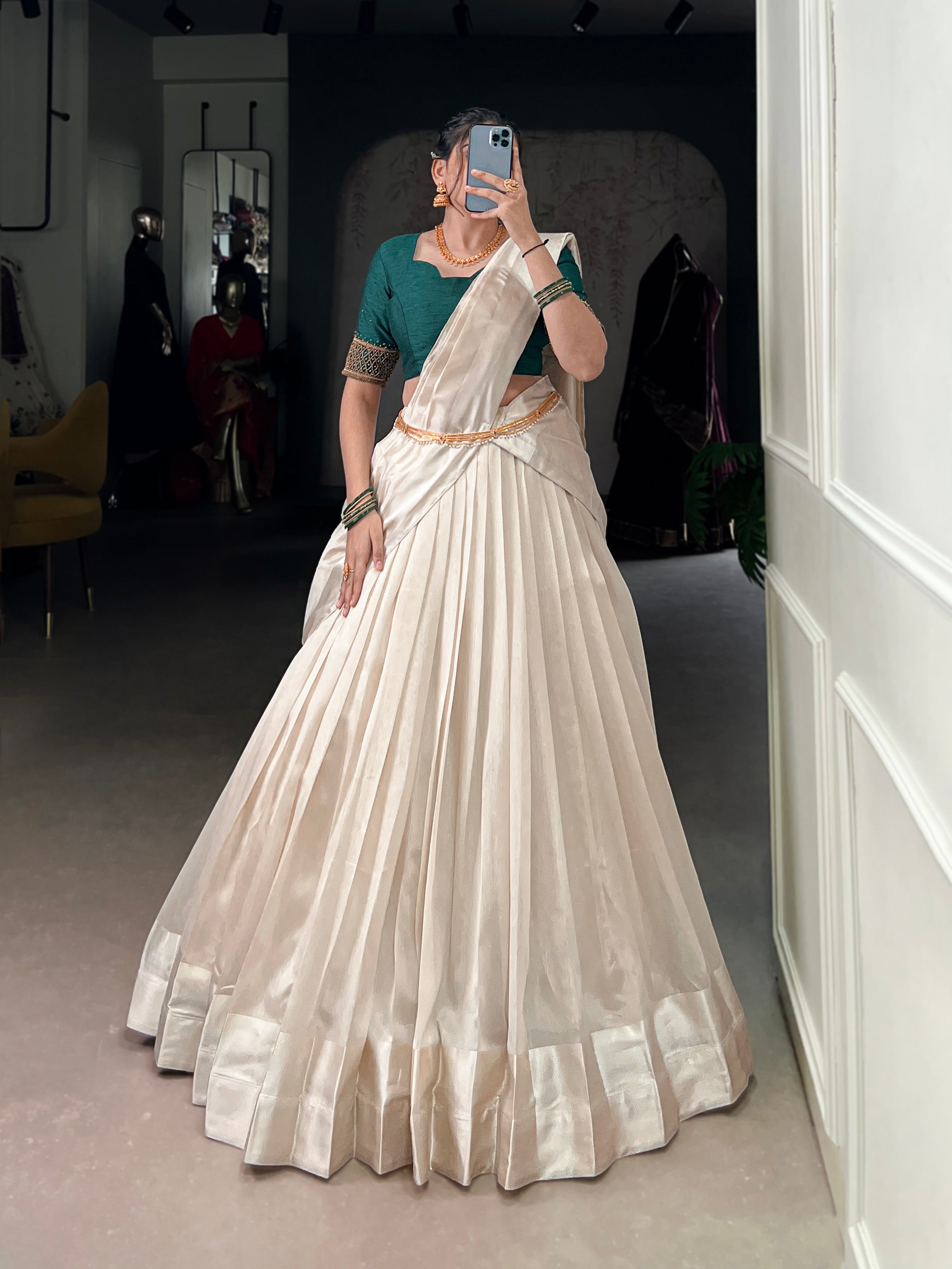 White Poly Tasar Lehenga Choli with Viscose Border