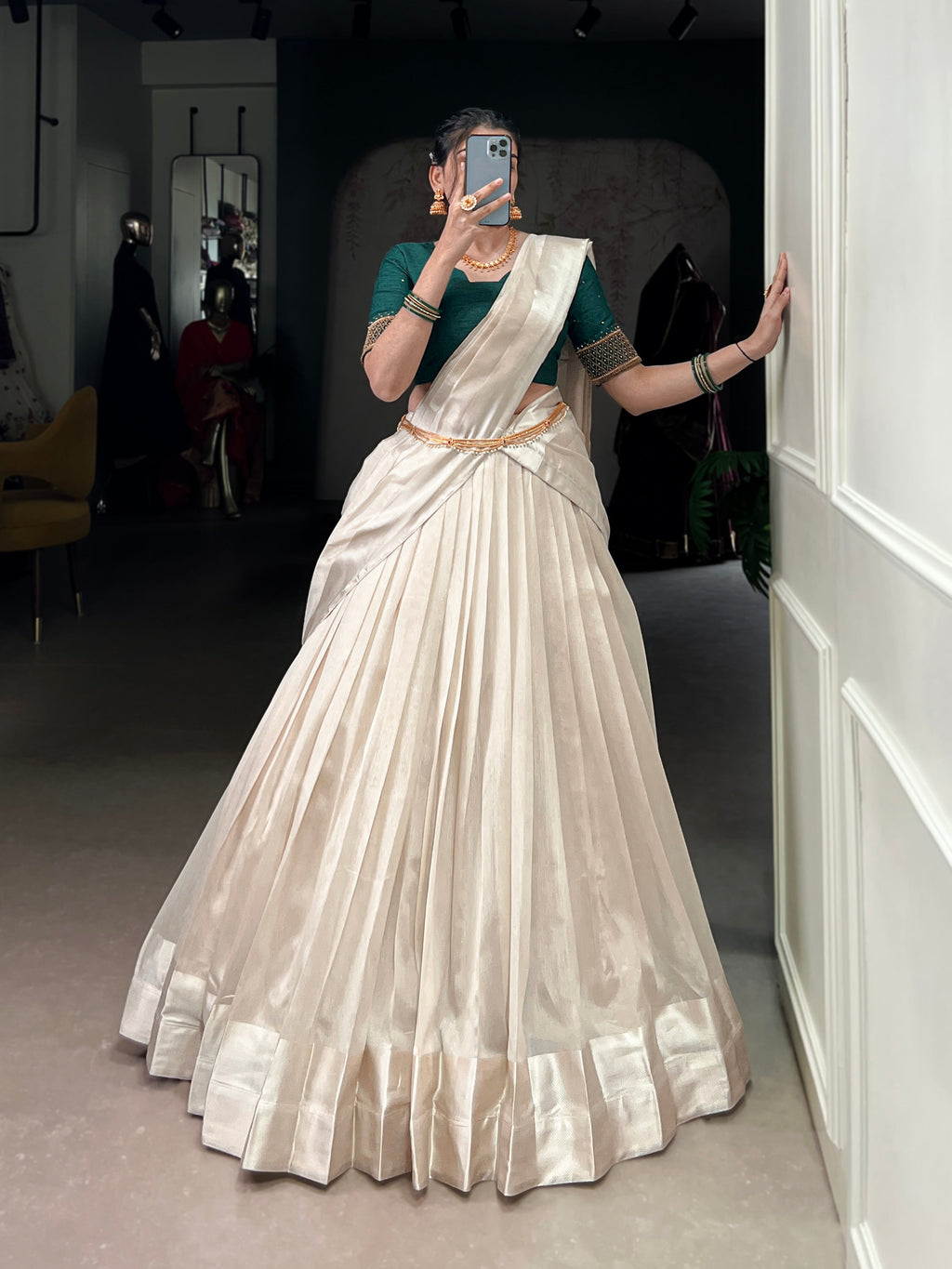White Poly Tasar Lehenga Choli with Viscose Border