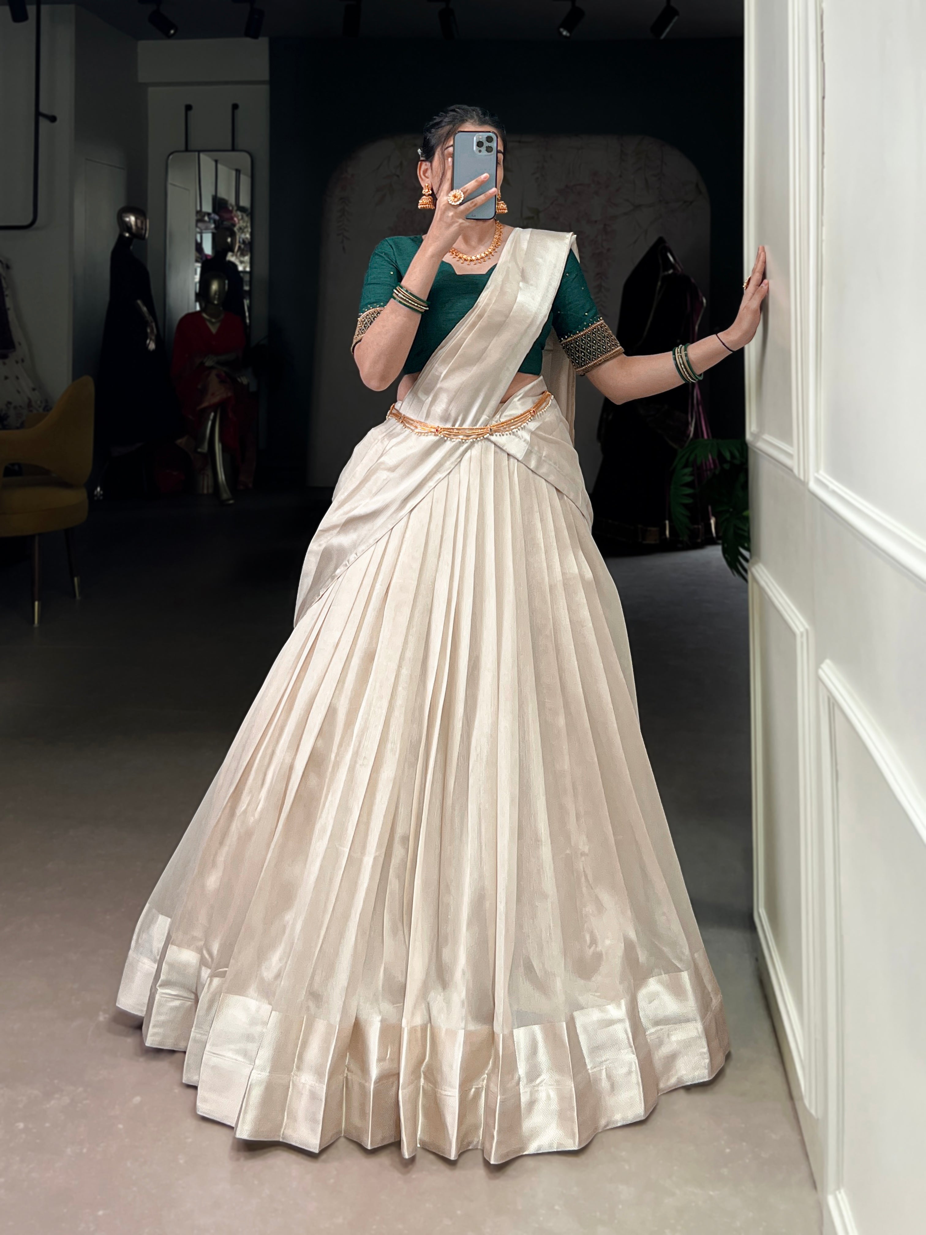 White Poly Tasar Lehenga Choli with Viscose Border