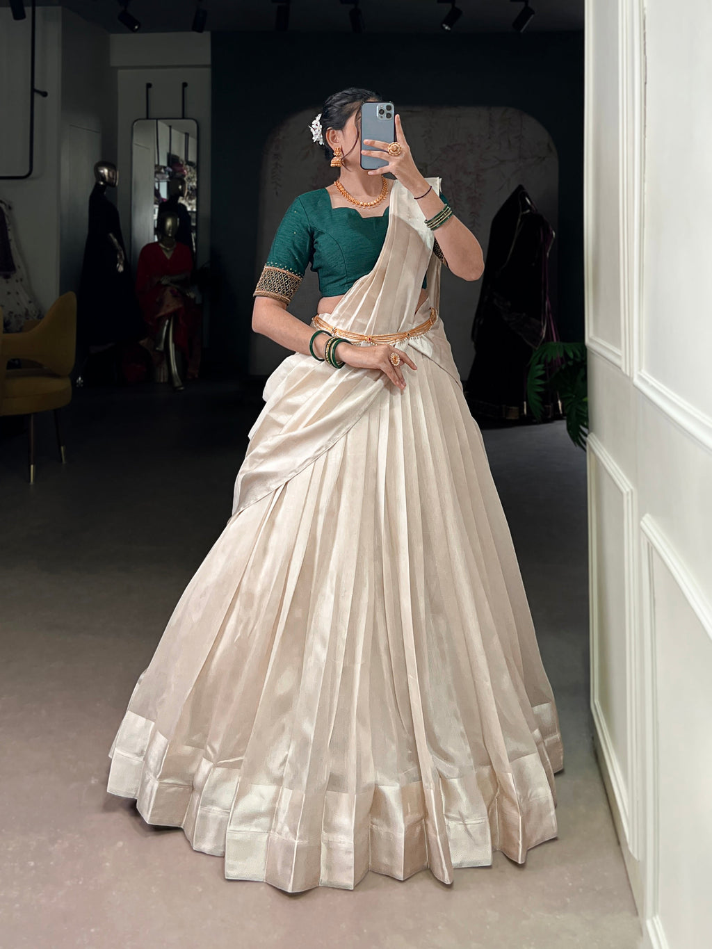 White Poly Tasar Lehenga Choli with Viscose Border