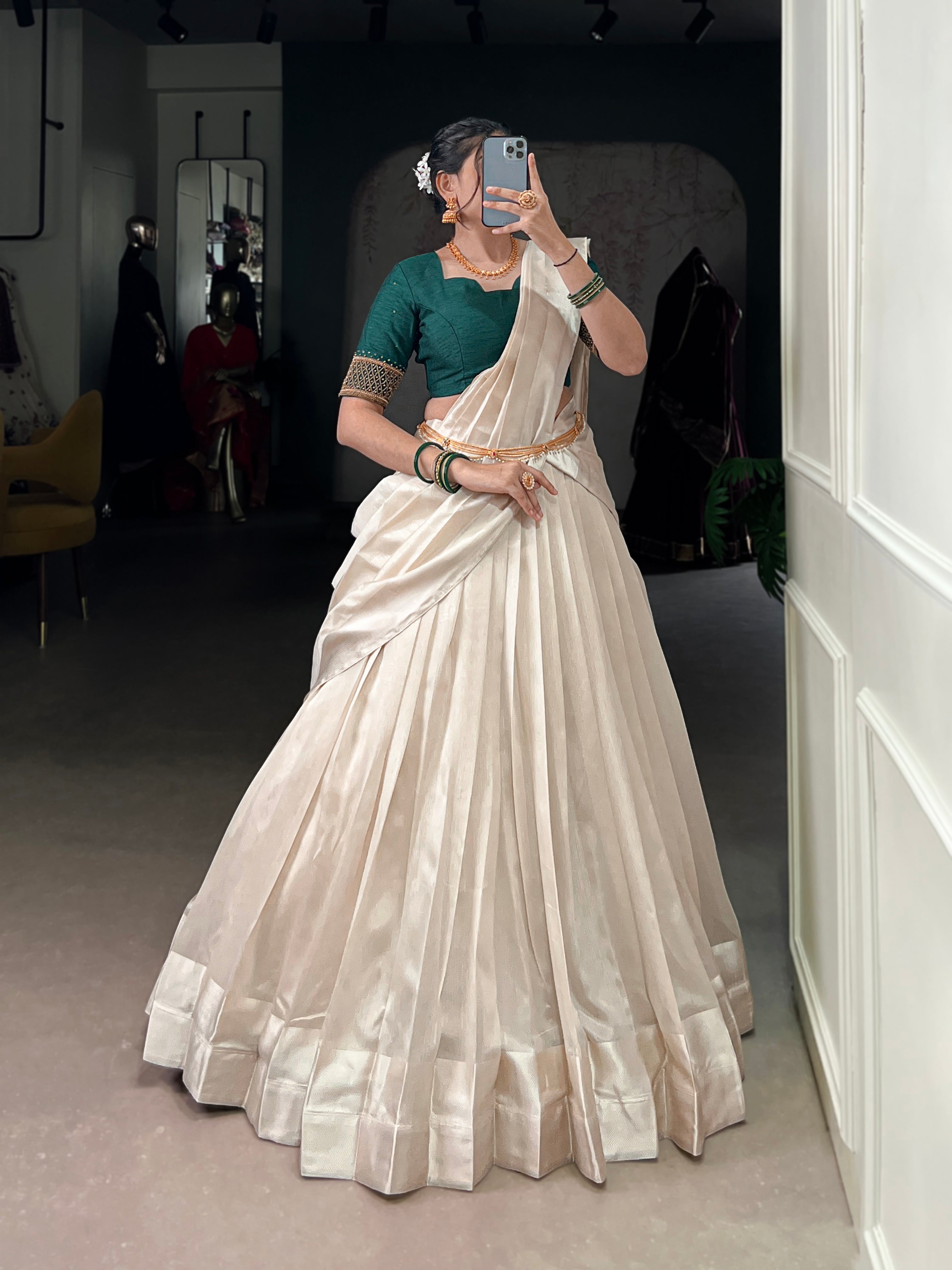 White Poly Tasar Lehenga Choli with Viscose Border