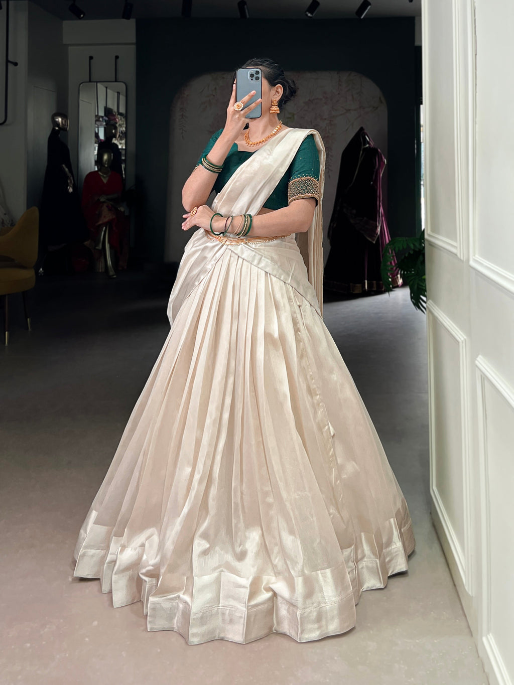 White Poly Tasar Lehenga Choli with Viscose Border