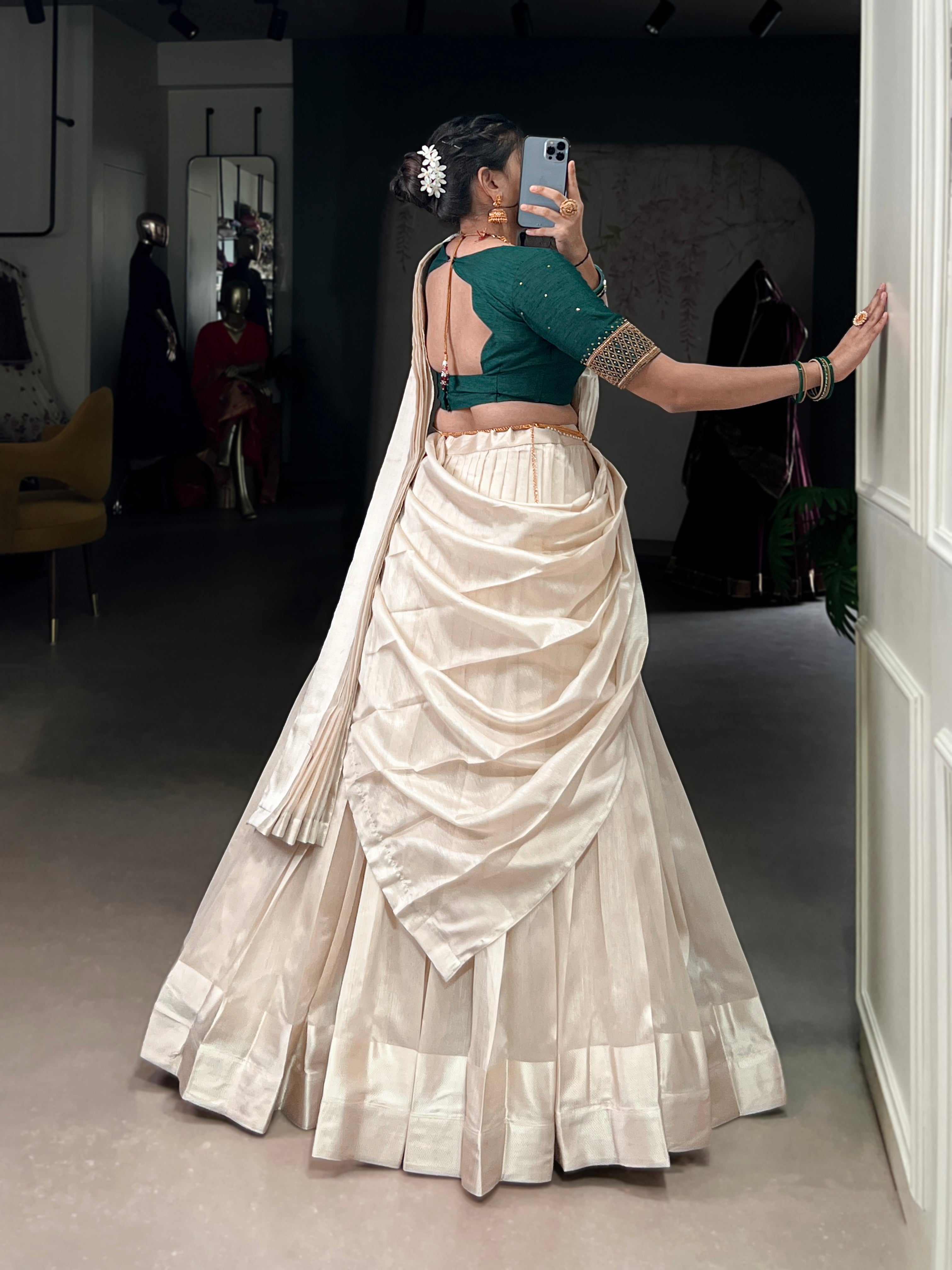 White Poly Tasar Lehenga Choli with Viscose Border