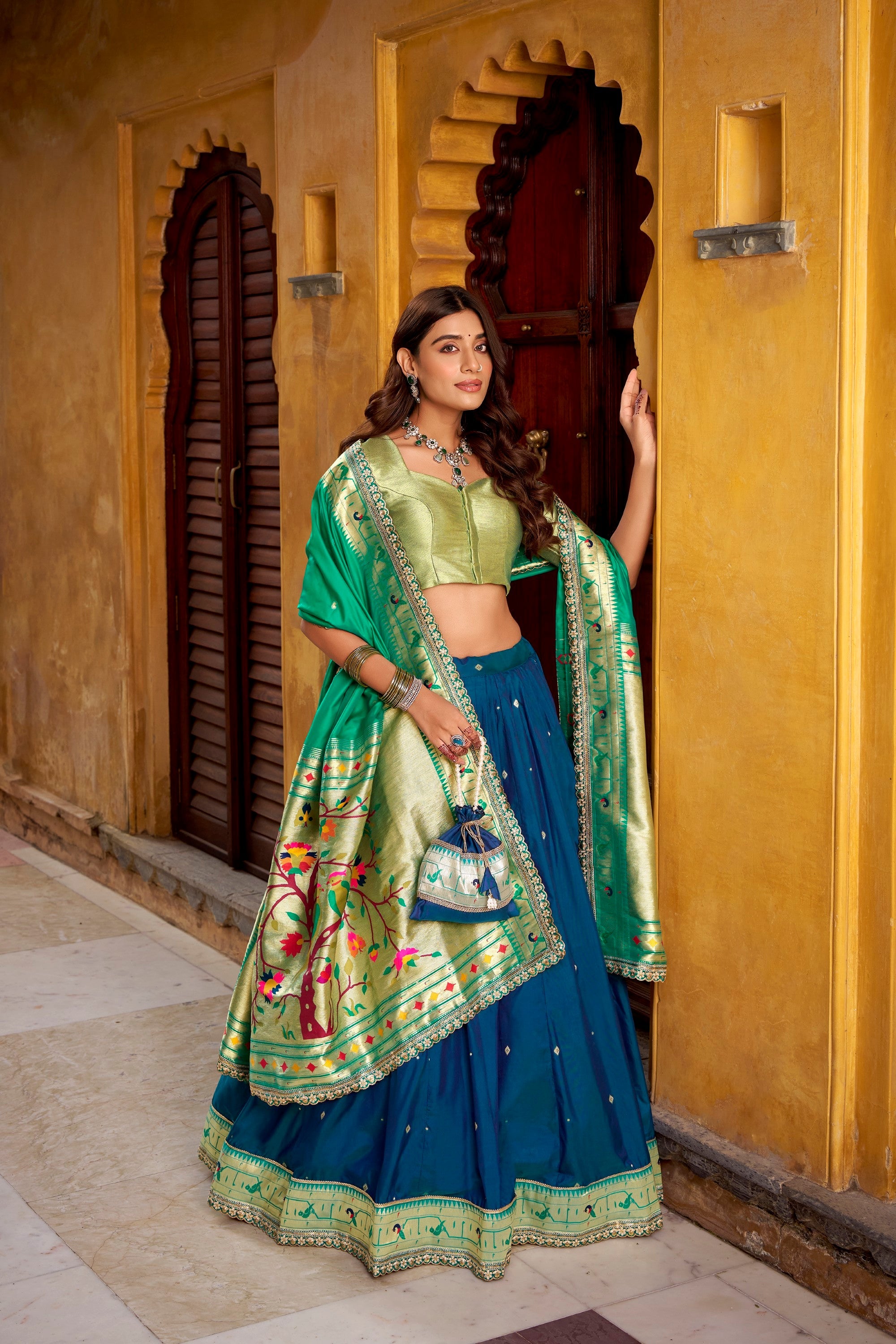 Lorenvalley Fashion Navy Blue Soft Silk Paithani Zari Weaving Work With Sequins and Thread Embroidery Scallop Lace Border Lehenga Choli with Dupatta