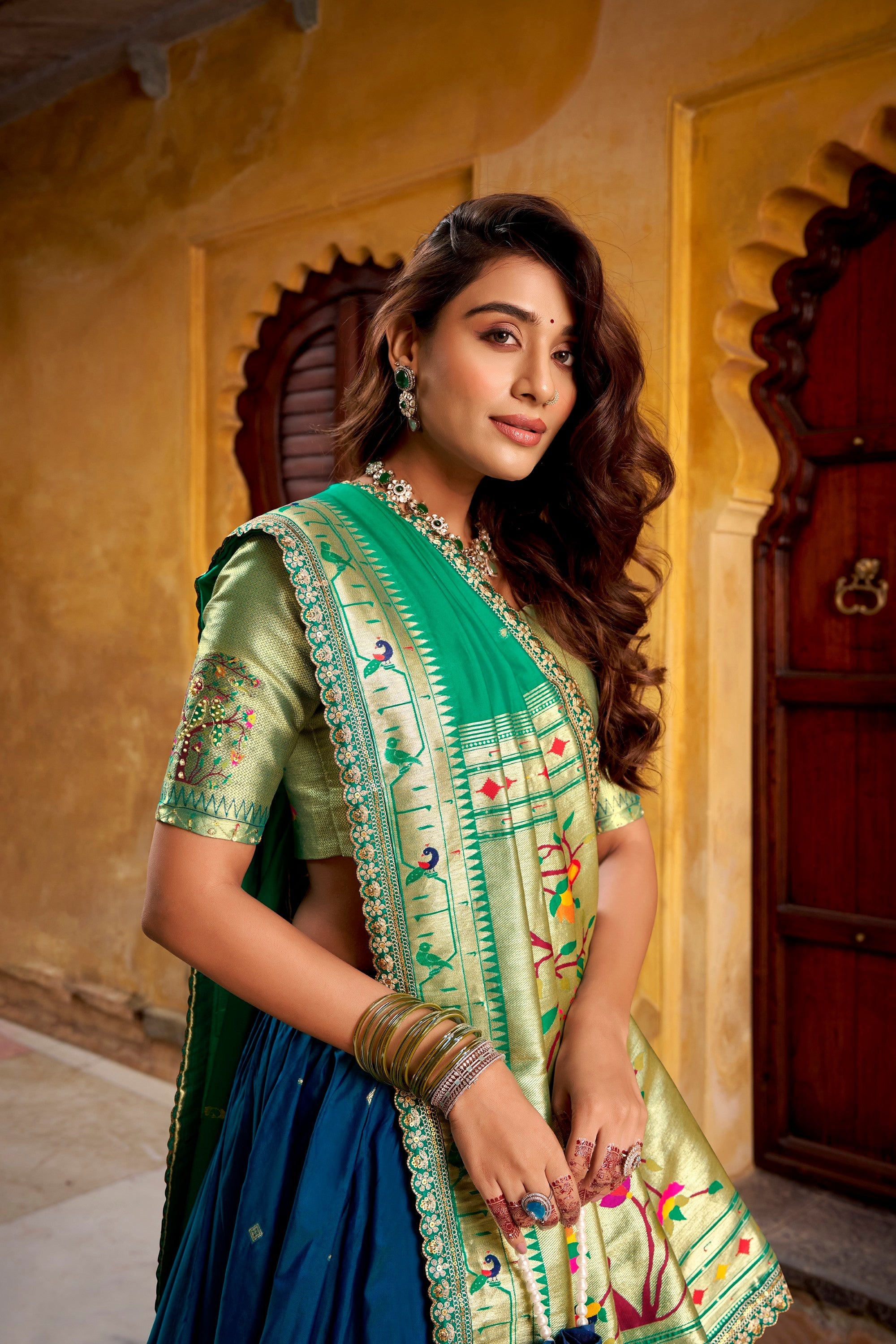 Lorenvalley Fashion Navy Blue Soft Silk Paithani Zari Weaving Work With Sequins and Thread Embroidery Scallop Lace Border Lehenga Choli with Dupatta