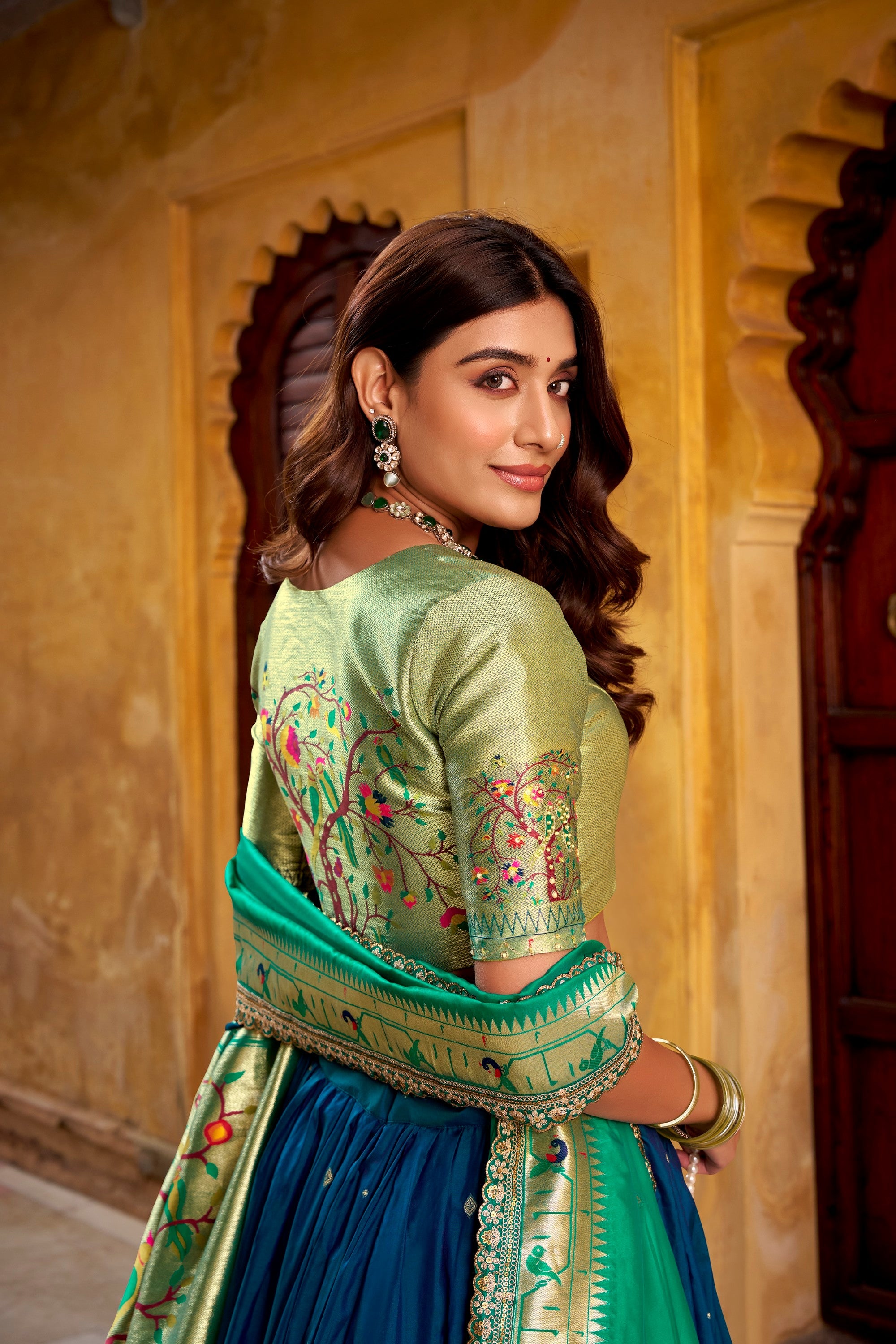 Lorenvalley Fashion Navy Blue Soft Silk Paithani Zari Weaving Work With Sequins and Thread Embroidery Scallop Lace Border Lehenga Choli with Dupatta