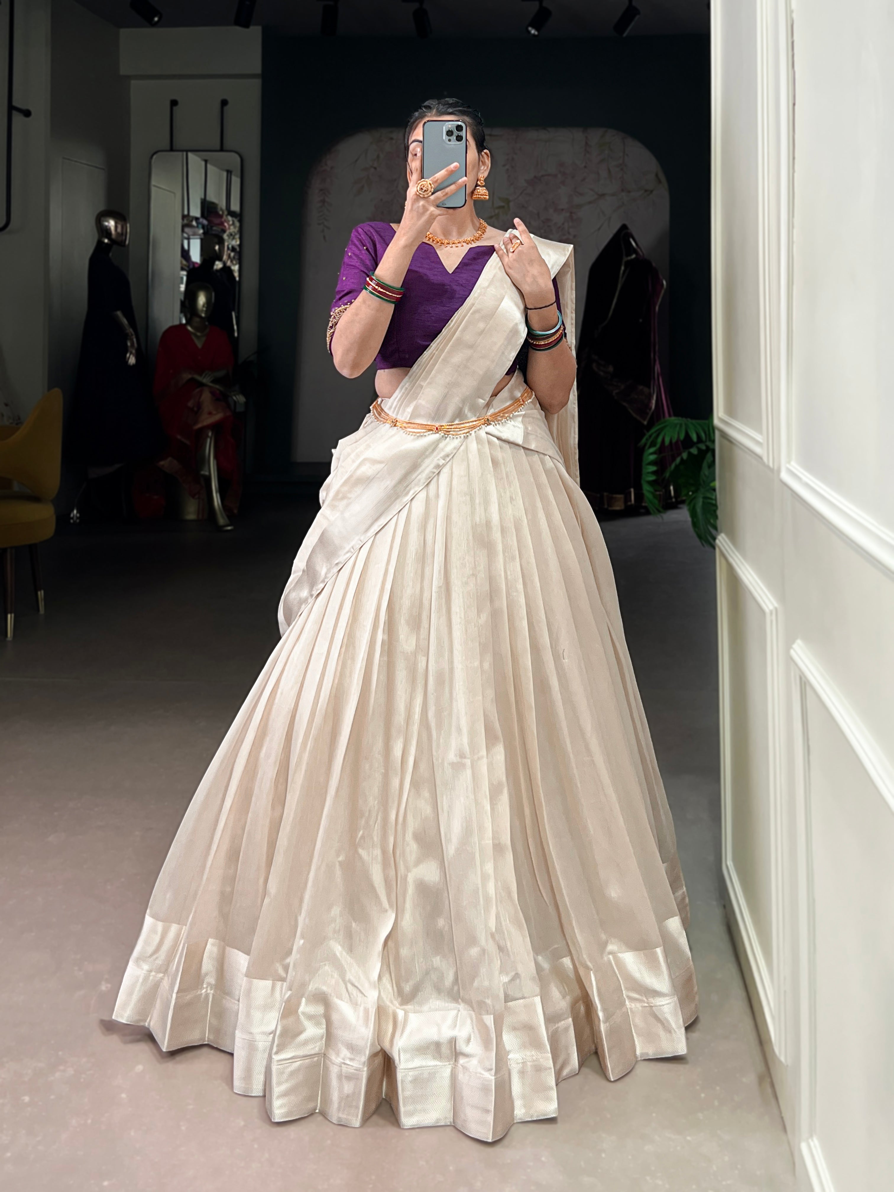 White stitched lehenga choli with viscose border and matching dupatta