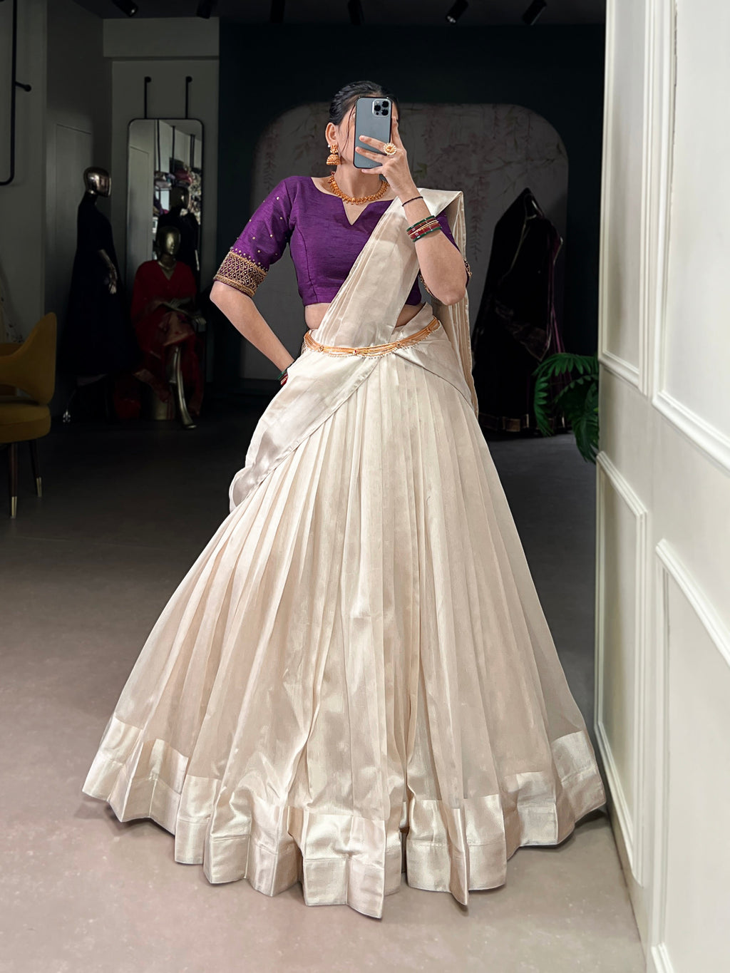 White Poly Tasar Lehenga Choli Set with Viscose Border