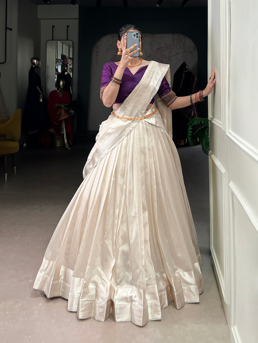 White Poly Tasar Lehenga Choli Set with Viscose Border