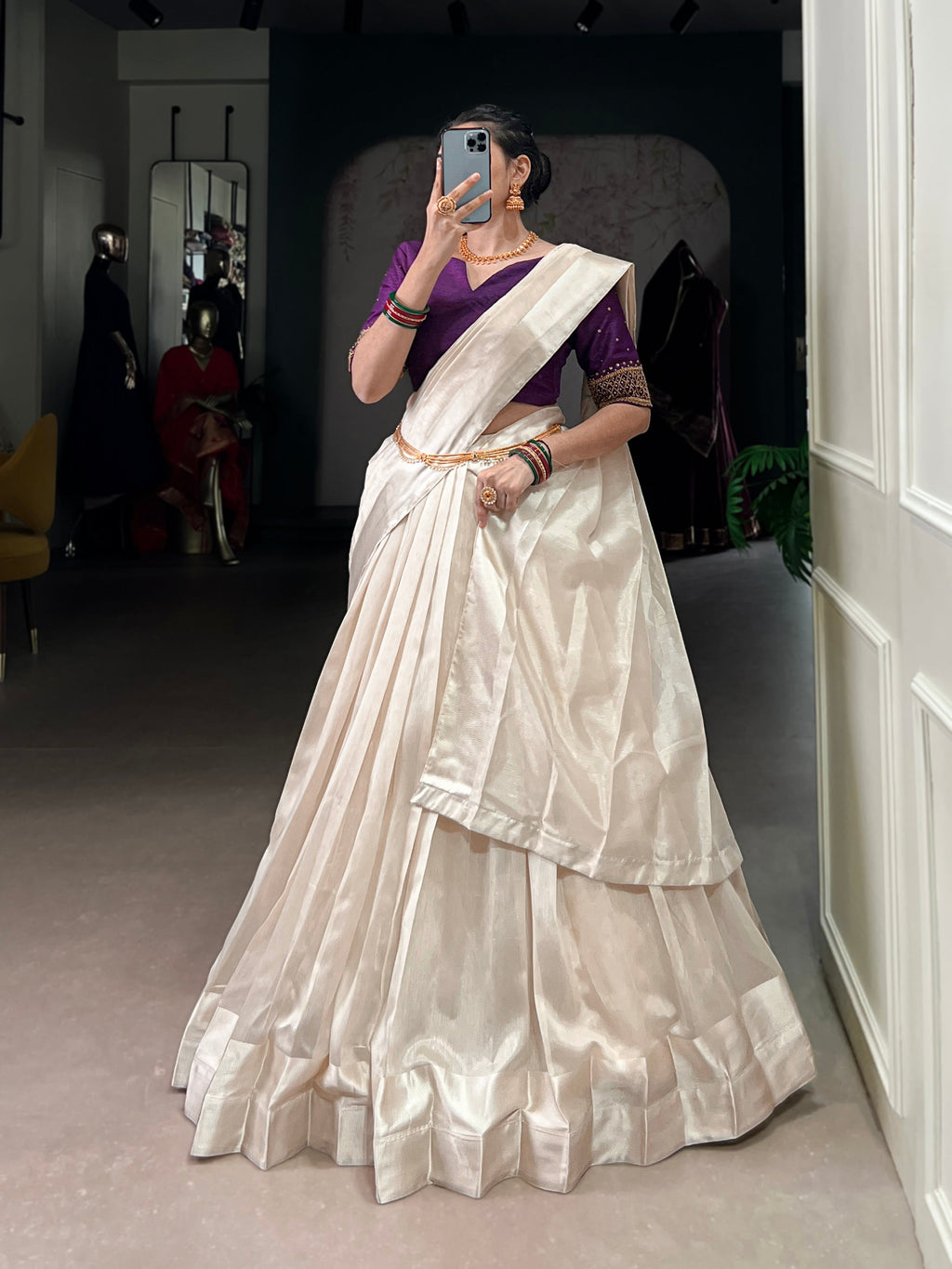 White Poly Tasar Lehenga Choli Set with Viscose Border
