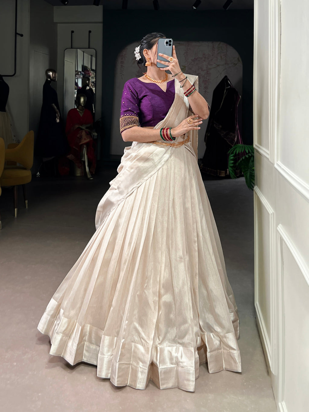 White Poly Tasar Lehenga Choli Set with Viscose Border