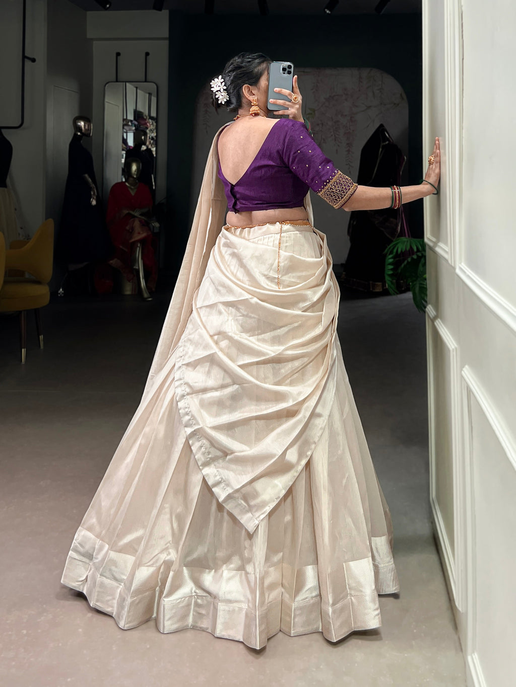 White Poly Tasar Lehenga Choli Set with Viscose Border
