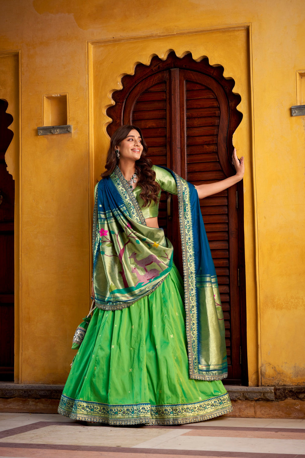 Lorenvalley Fashion Parrot Green Soft Silk Paithani Zari Weaving Work With Sequins and Thread Embroidery Scallop Lace Border Lehenga Choli with Dupatta