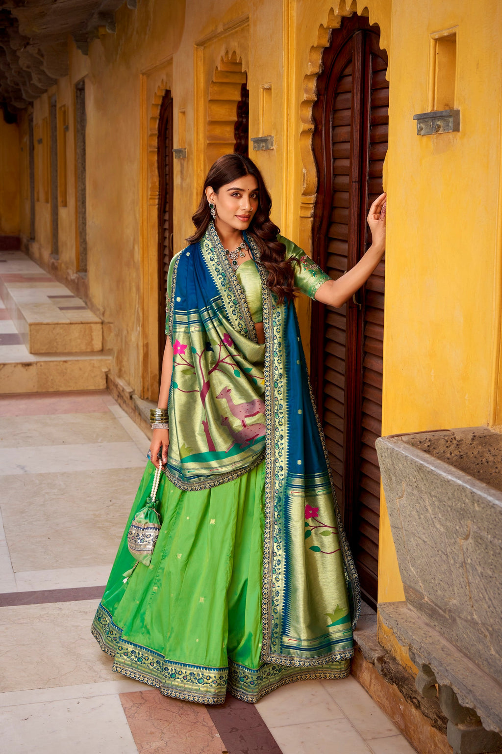 Lorenvalley Fashion Parrot Green Soft Silk Paithani Zari Weaving Work With Sequins and Thread Embroidery Scallop Lace Border Lehenga Choli with Dupatta