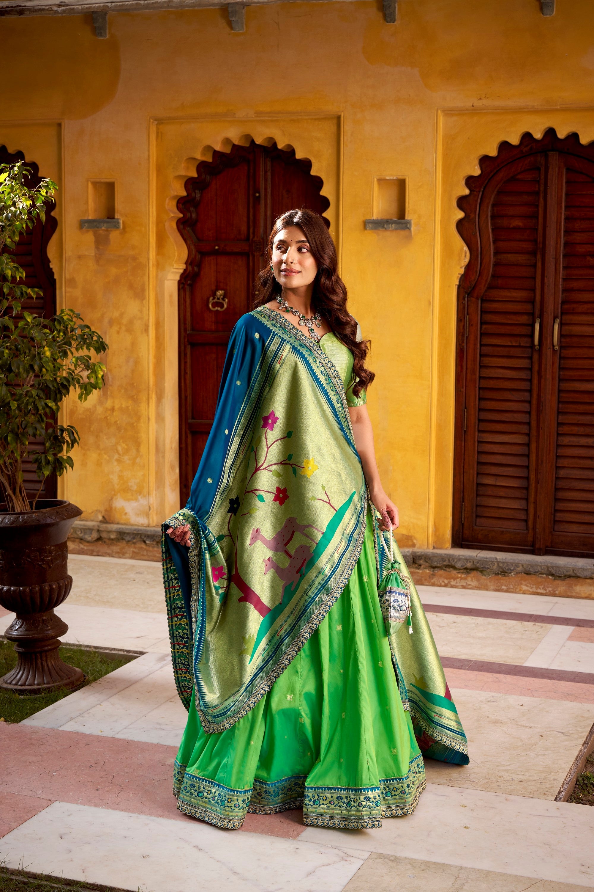 Lorenvalley Fashion Parrot Green Soft Silk Paithani Zari Weaving Work With Sequins and Thread Embroidery Scallop Lace Border Lehenga Choli with Dupatta