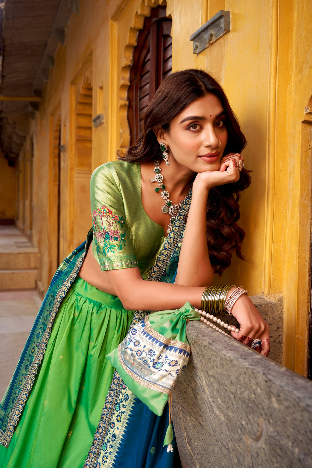 Lorenvalley Fashion Parrot Green Soft Silk Paithani Zari Weaving Work With Sequins and Thread Embroidery Scallop Lace Border Lehenga Choli with Dupatta