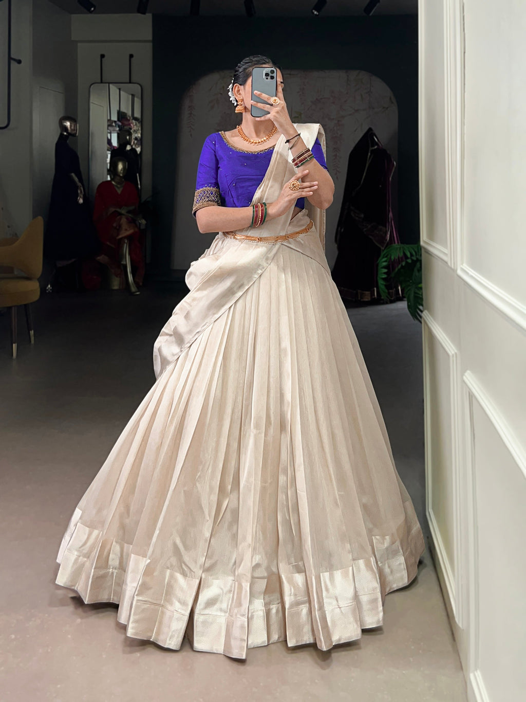White poly tasar lehenga choli with viscose border detail