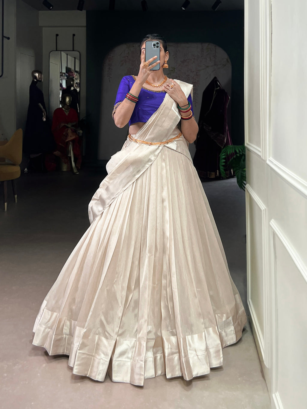 White Poly Tasar Viscose Border Lehenga Choli with Dupatta