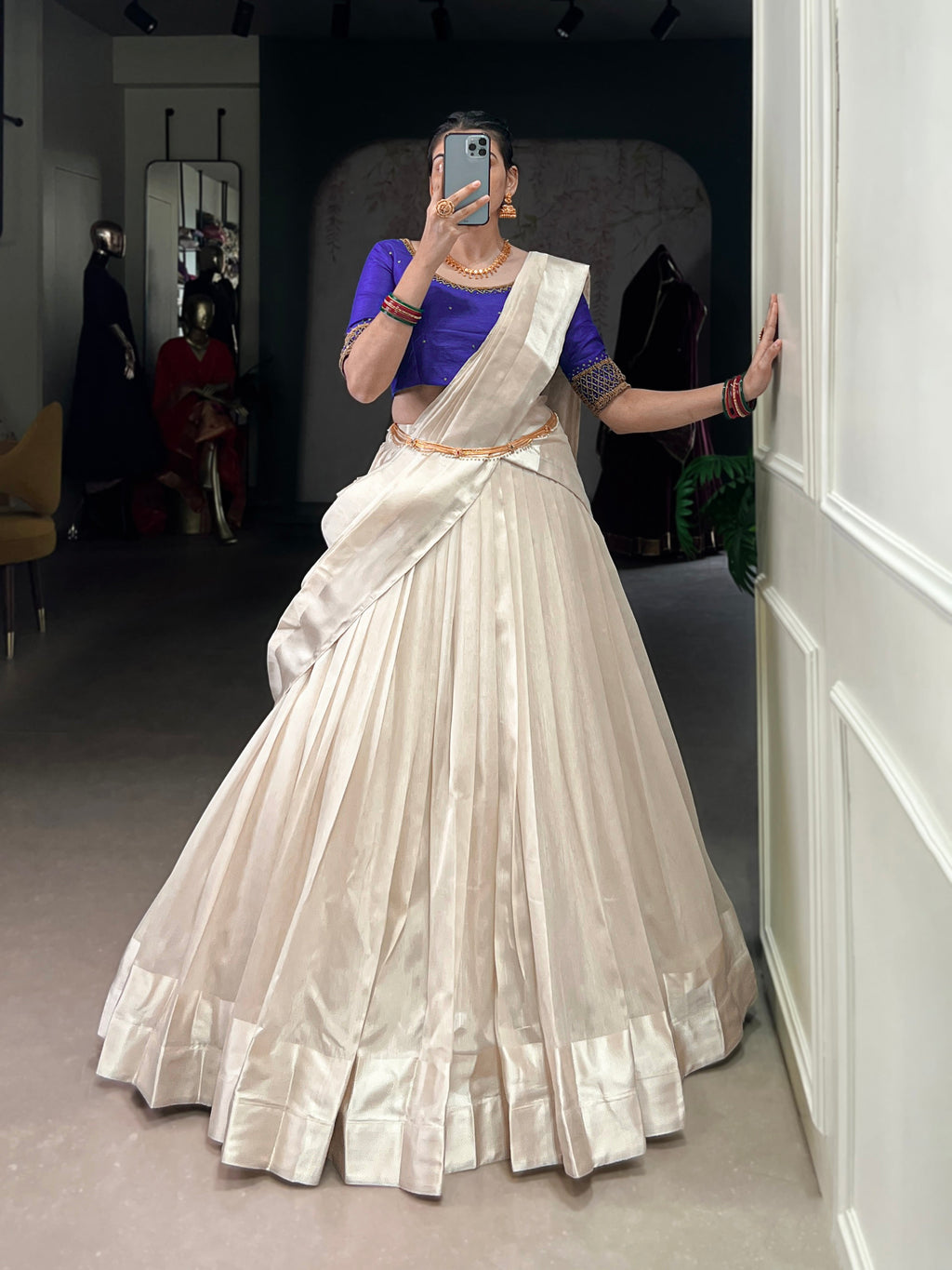 White Poly Tasar Viscose Border Lehenga Choli with Dupatta
