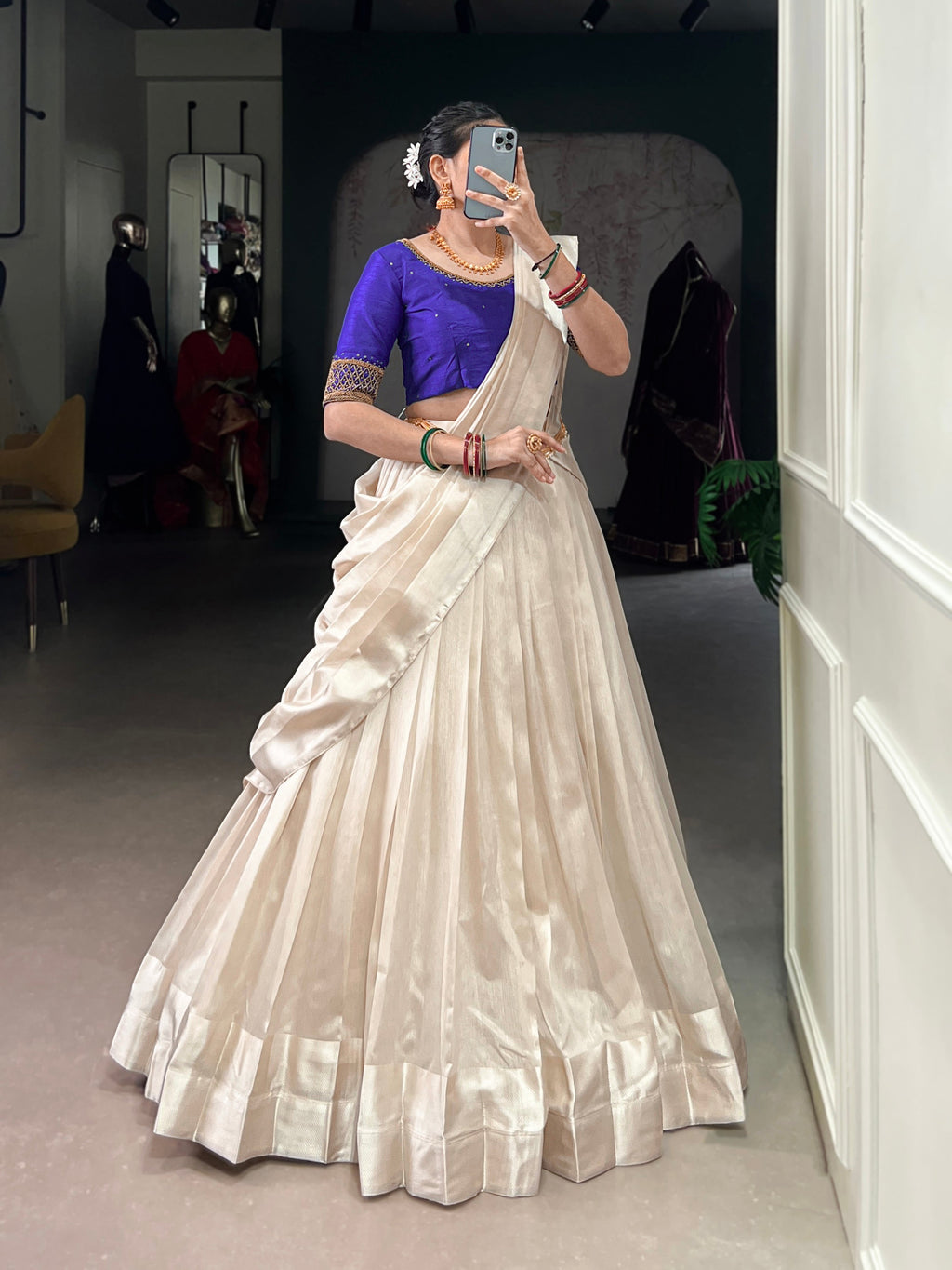 White Poly Tasar Viscose Border Lehenga Choli with Dupatta