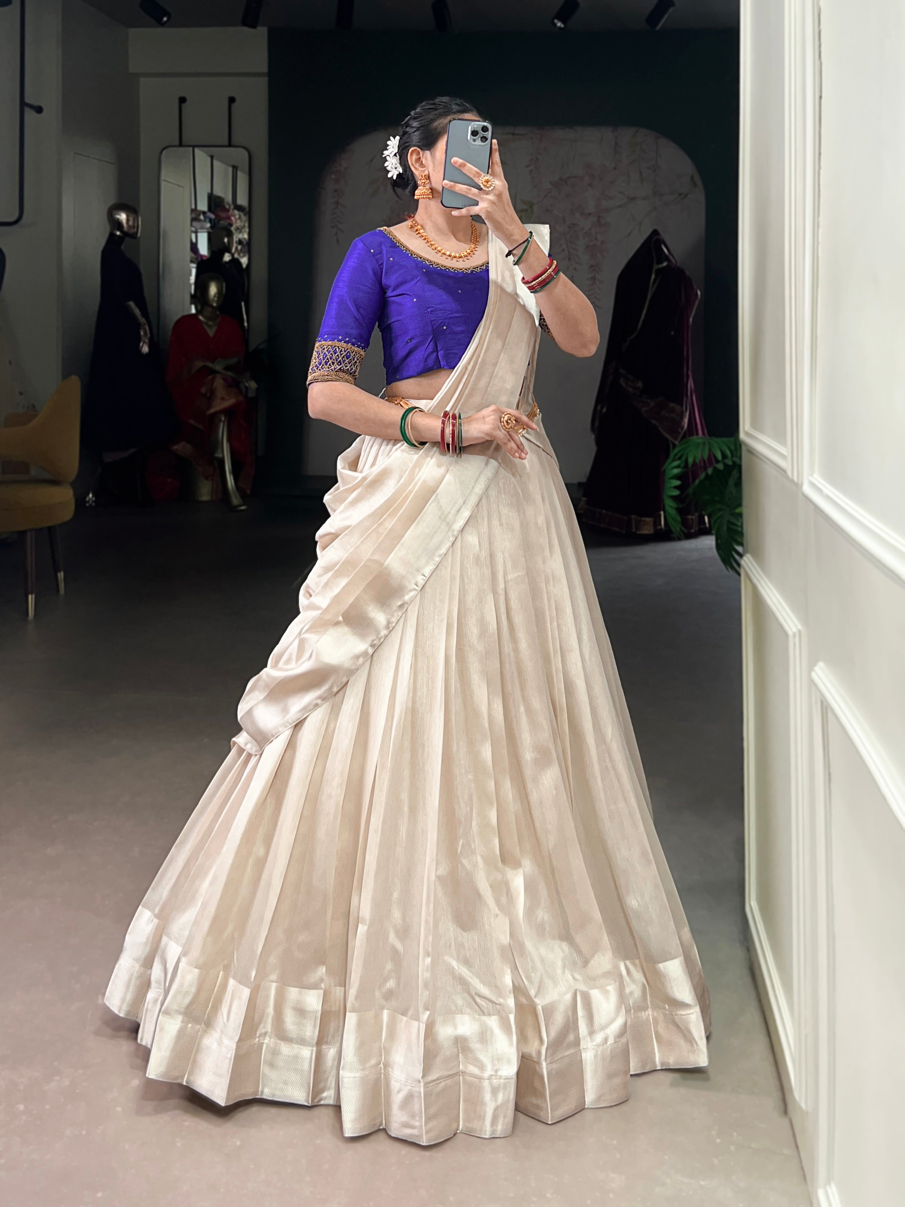 White Poly Tasar Viscose Border Lehenga Choli with Dupatta