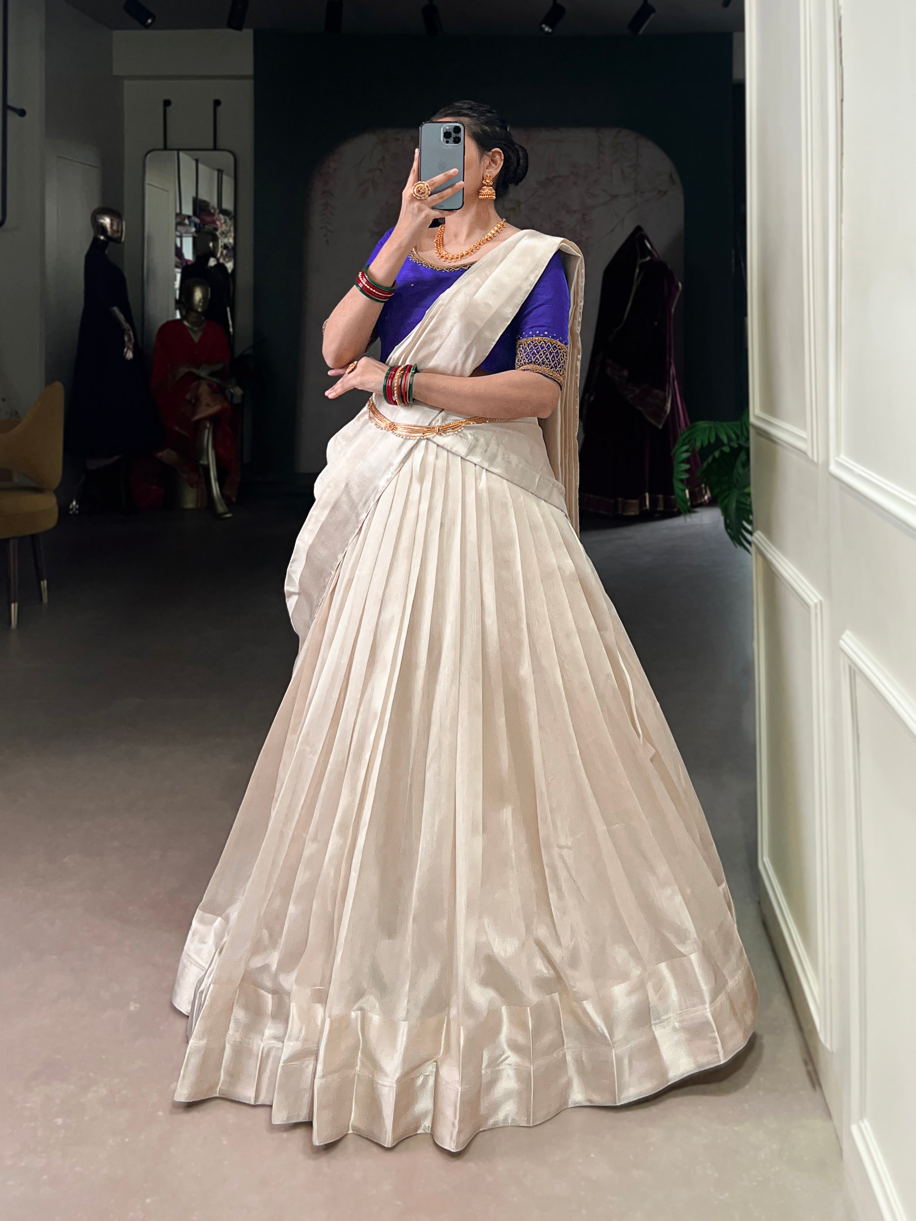 White Poly Tasar Viscose Border Lehenga Choli with Dupatta