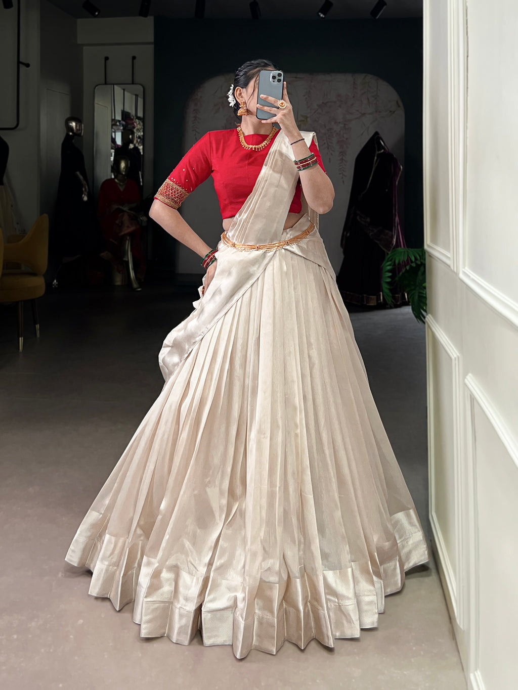 White Poly Tasar lehenga choli with decorative viscose border and matching dupatta