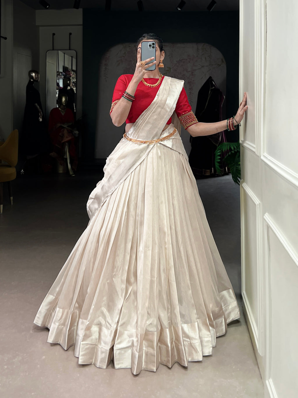 White Poly Tasar Viscose Border Lehenga Choli with Dupatta