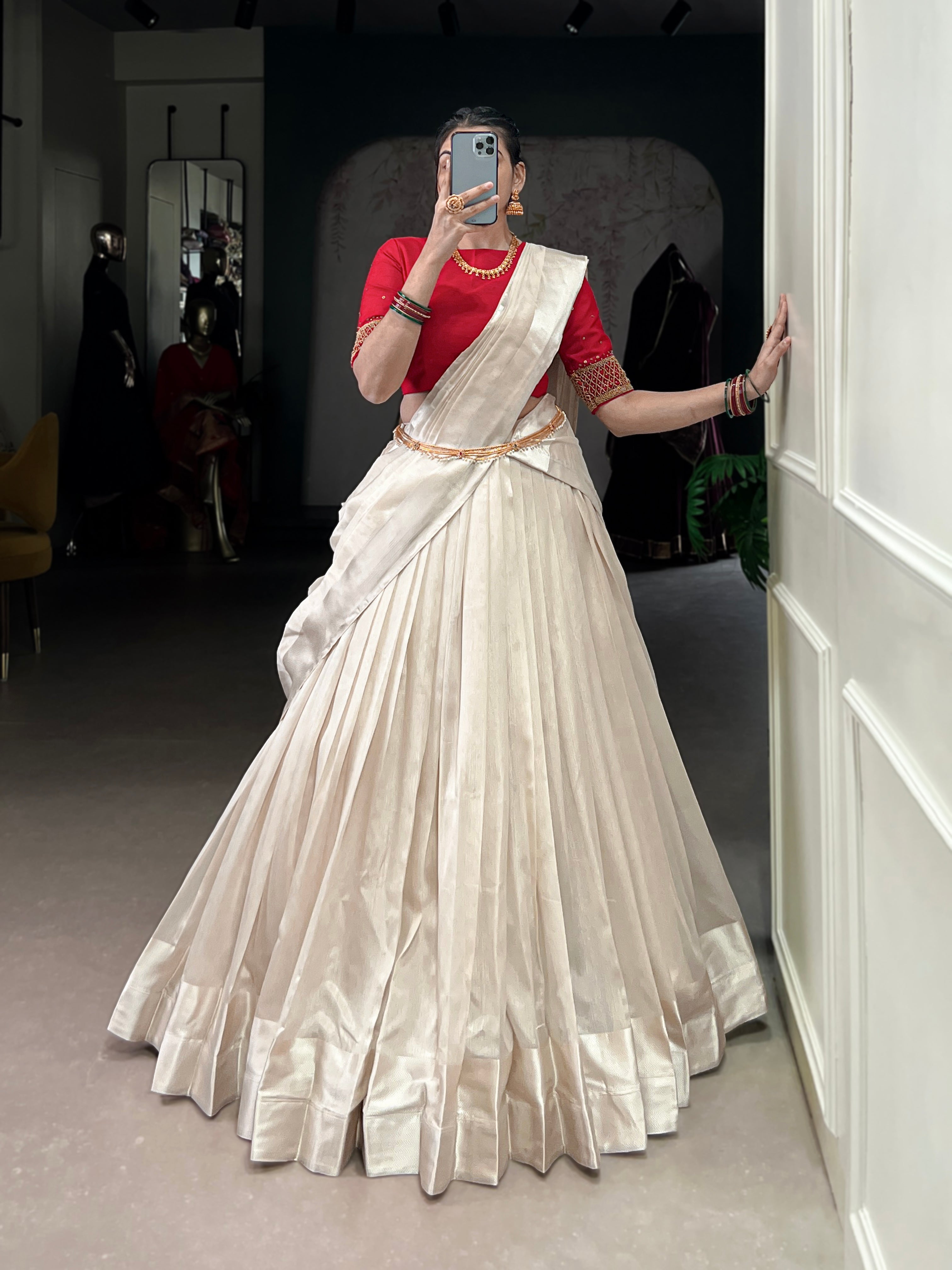 White Poly Tasar Viscose Border Lehenga Choli with Dupatta
