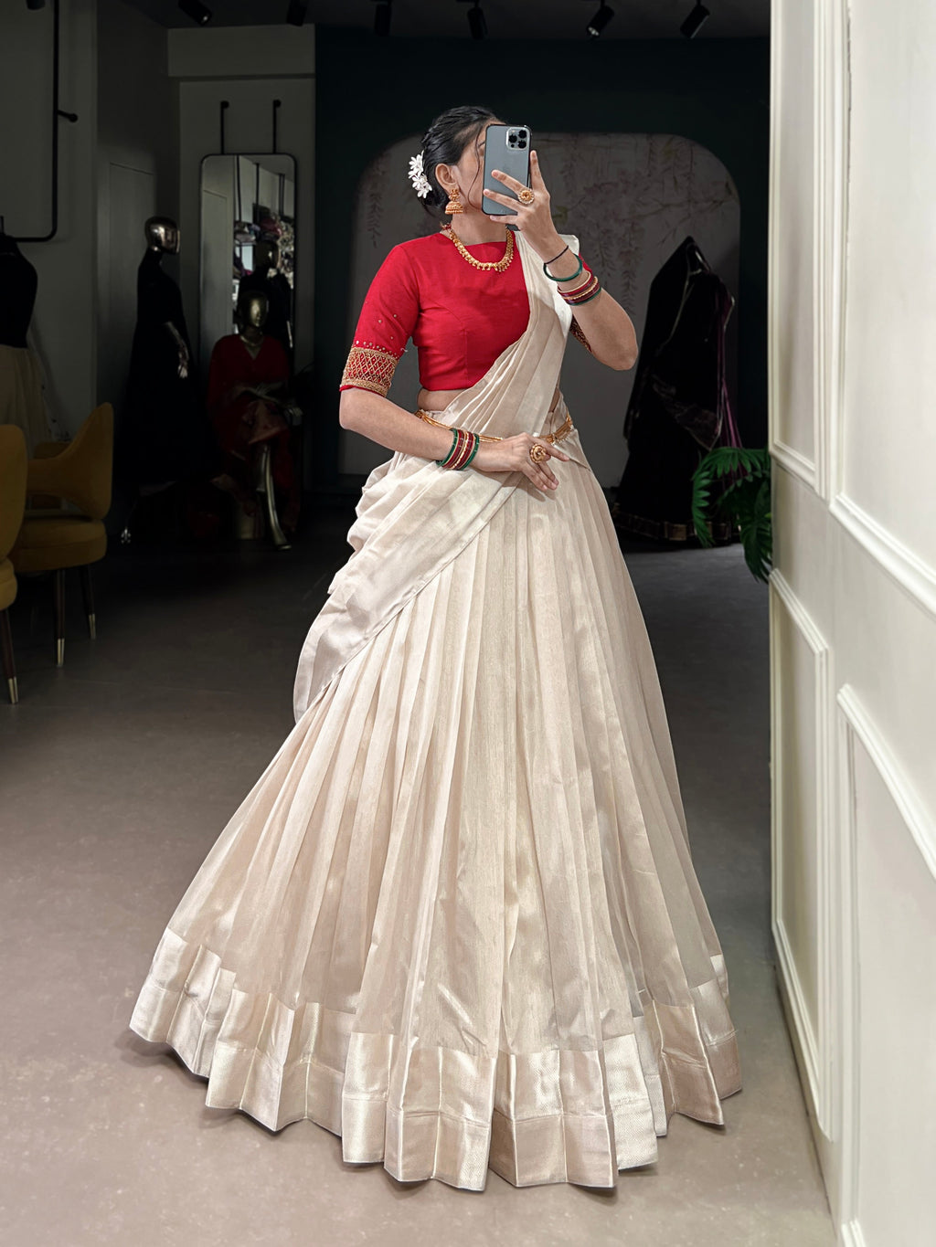 White Poly Tasar Viscose Border Lehenga Choli with Dupatta