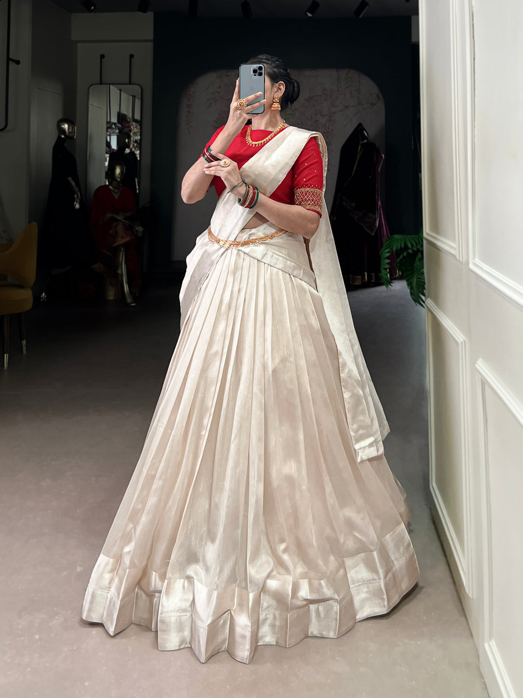 White Poly Tasar Viscose Border Lehenga Choli with Dupatta