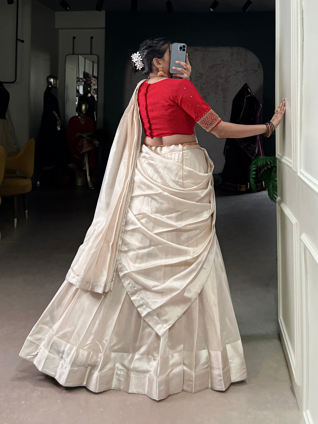White Poly Tasar Viscose Border Lehenga Choli with Dupatta