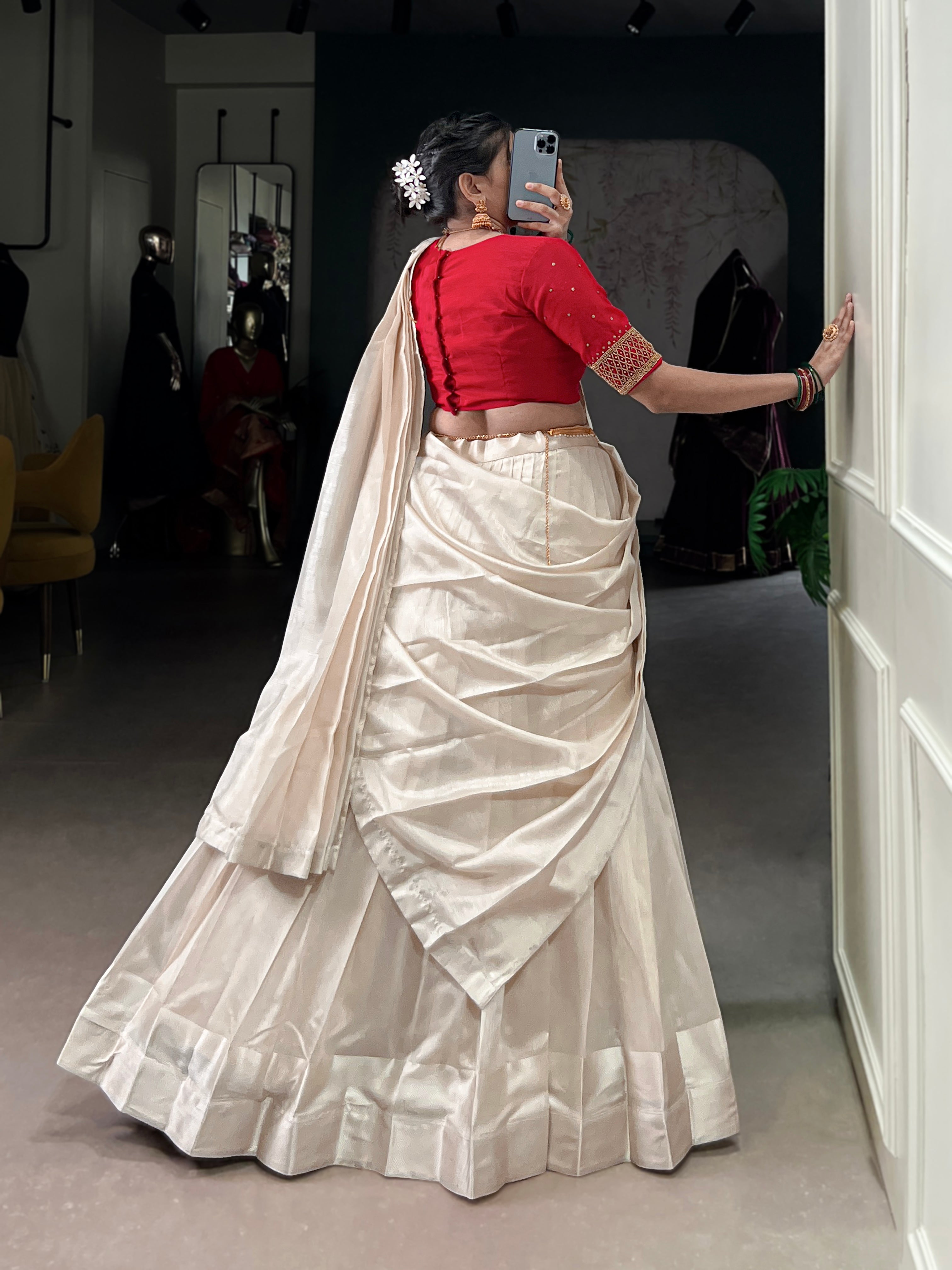 White Poly Tasar Viscose Border Lehenga Choli with Dupatta