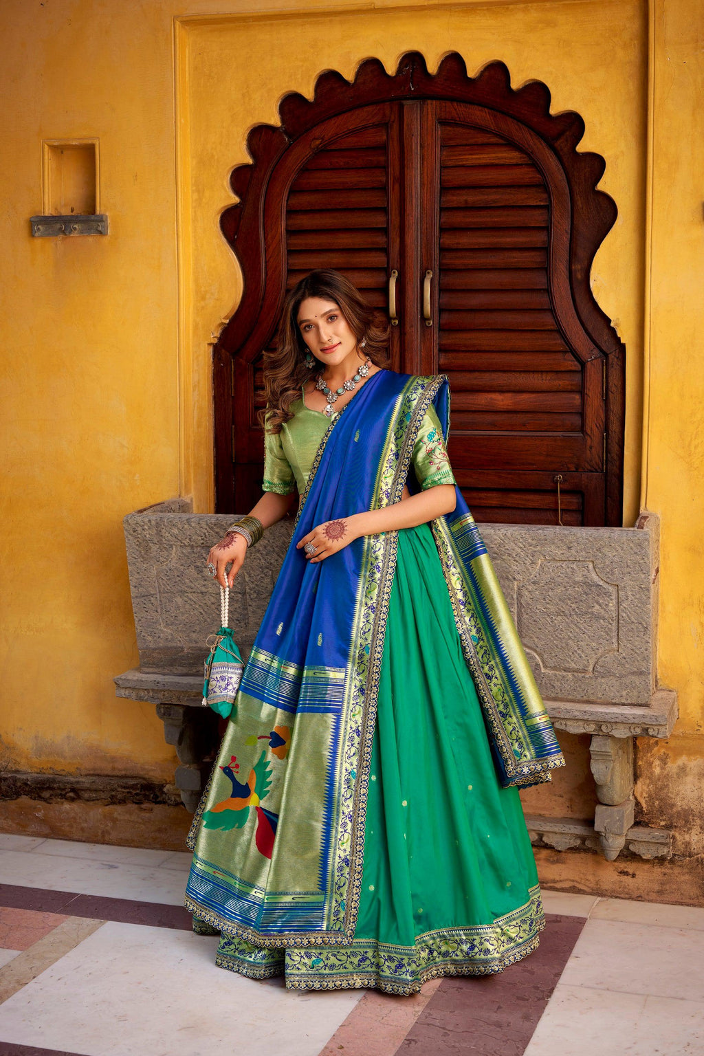 Lorenvalley Fashion Teal Soft Silk Paithani Zari Weaving Work With Sequins and Thread Embroidery Scallop Lace Border Lehenga Choli with Dupatta