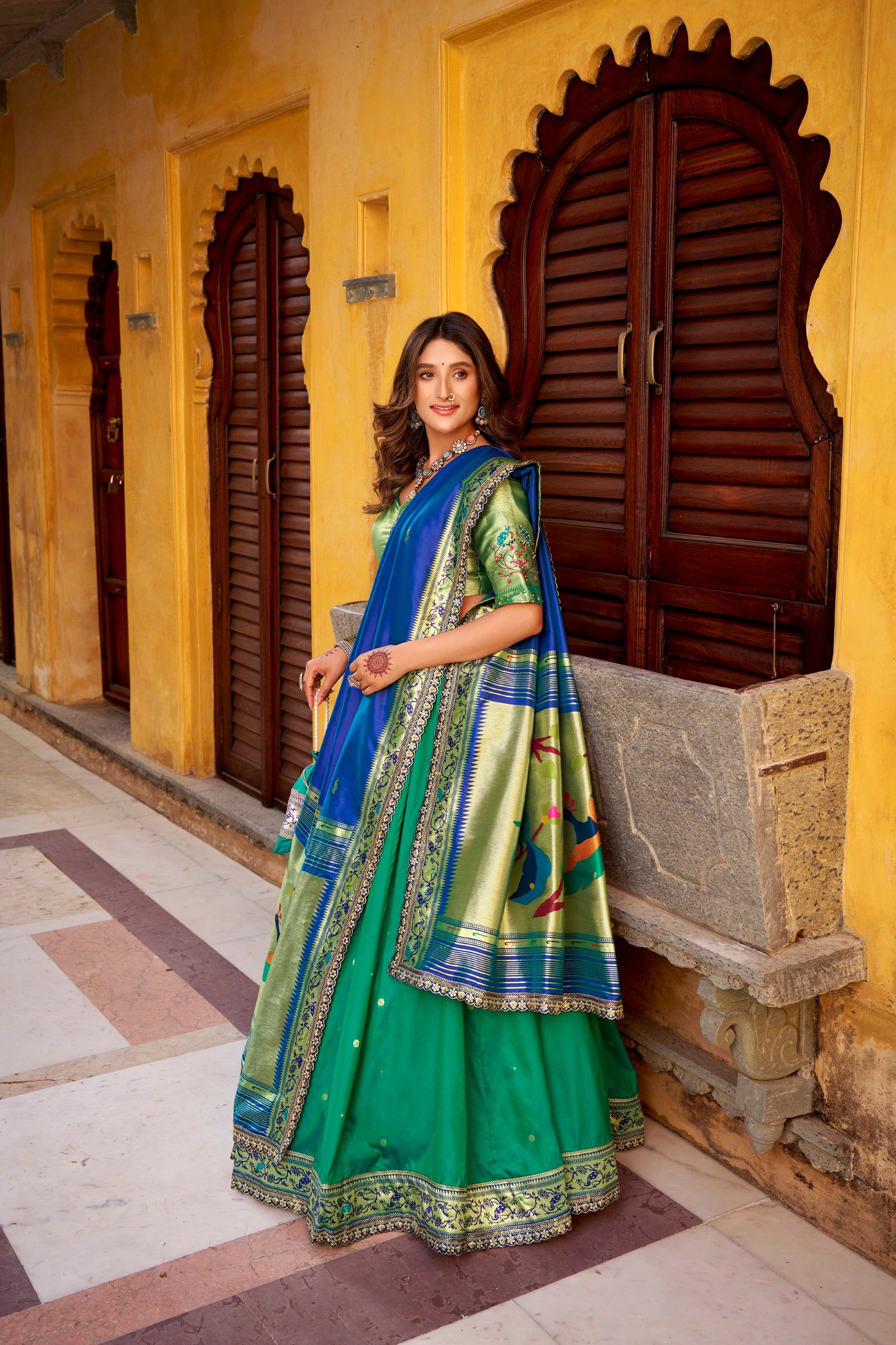Lorenvalley Fashion Teal Soft Silk Paithani Zari Weaving Work With Sequins and Thread Embroidery Scallop Lace Border Lehenga Choli with Dupatta