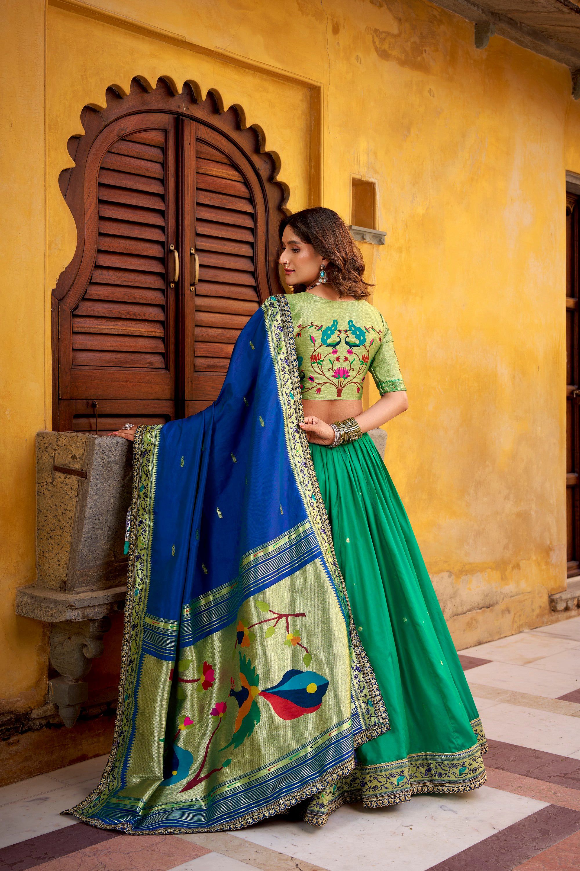 Lorenvalley Fashion Teal Soft Silk Paithani Zari Weaving Work With Sequins and Thread Embroidery Scallop Lace Border Lehenga Choli with Dupatta