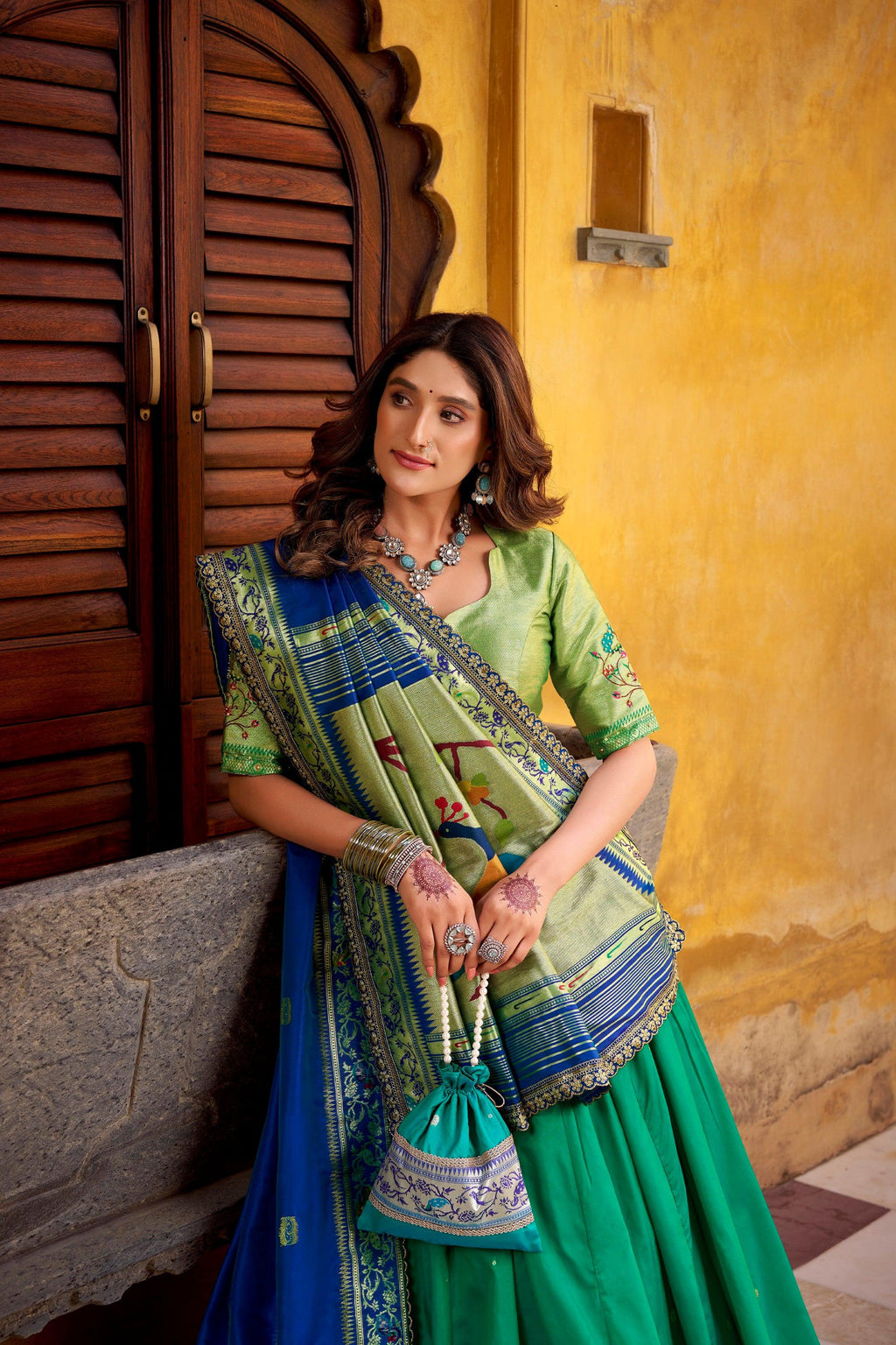 Lorenvalley Fashion Teal Soft Silk Paithani Zari Weaving Work With Sequins and Thread Embroidery Scallop Lace Border Lehenga Choli with Dupatta