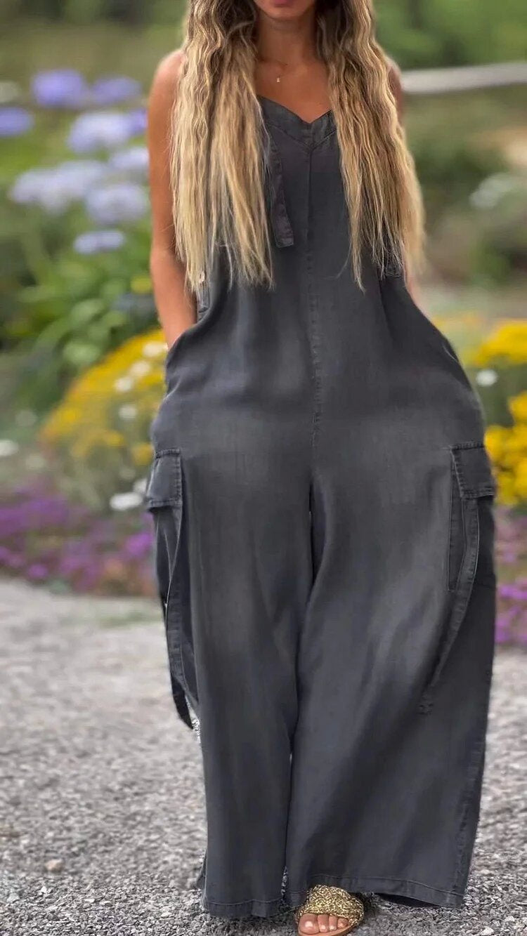 Women's V-Neck Wide Leg Jumpsuit in Washed Charcoal Grey