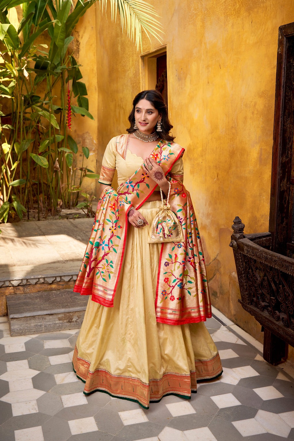 Cream Silk Paithani Zari Weaving Lehenga Choli with Lace
