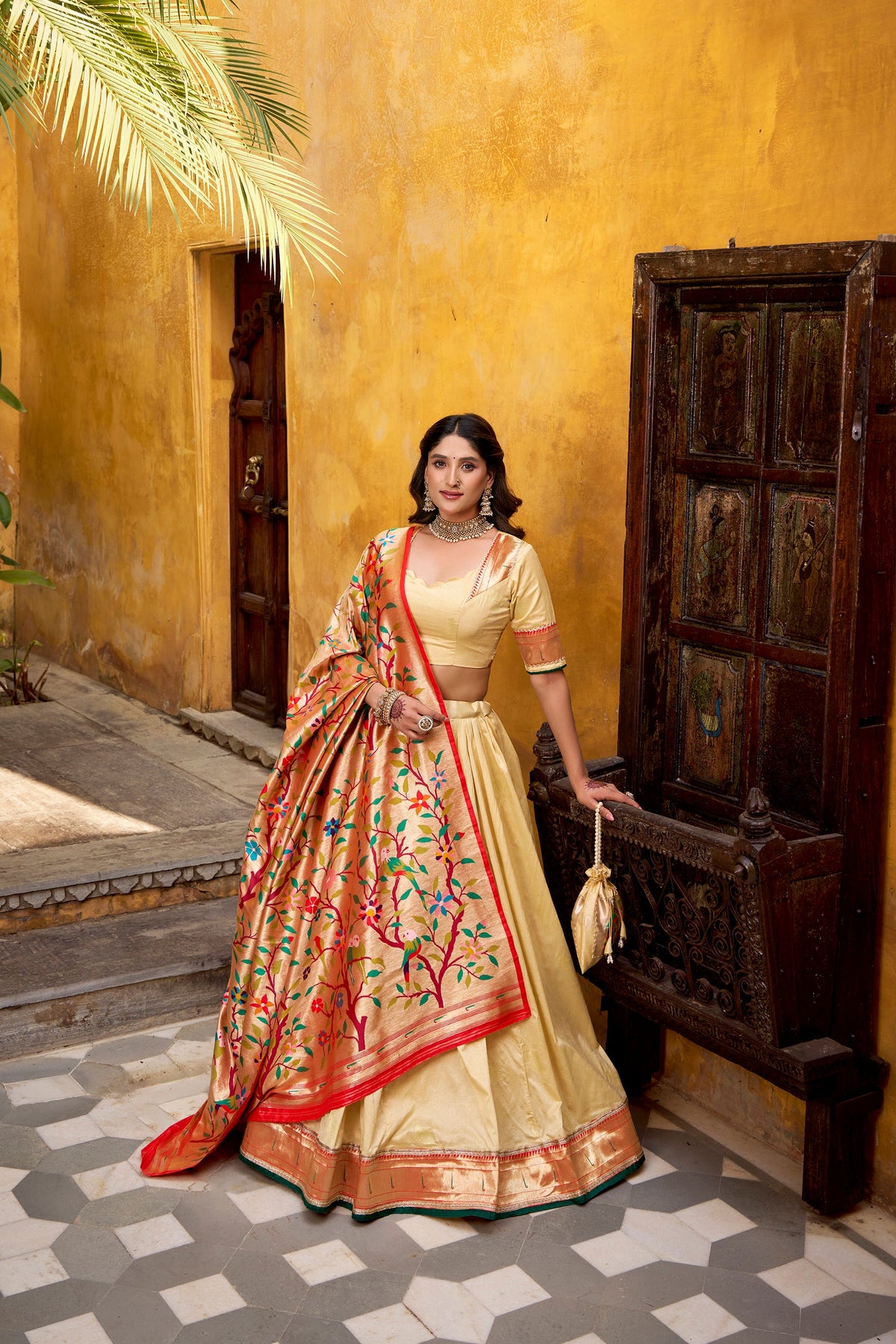 Cream Silk Paithani Zari Weaving Lehenga Choli with Lace