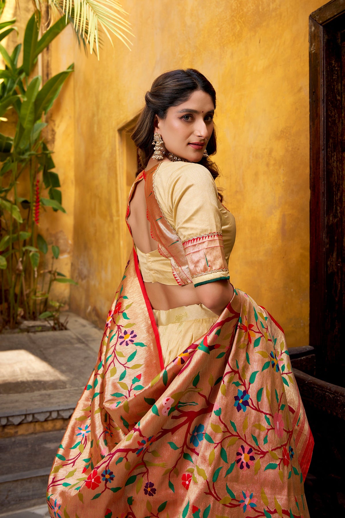 Cream Silk Paithani Zari Weaving Lehenga Choli with Lace