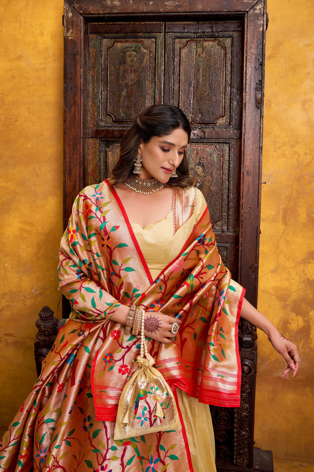 Cream Silk Paithani Zari Weaving Lehenga Choli with Lace