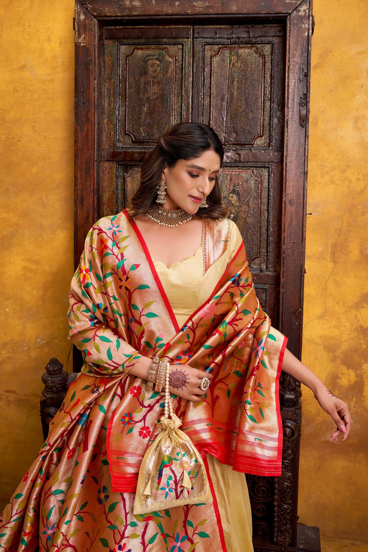 Cream Silk Paithani Zari Weaving Lehenga Choli with Lace