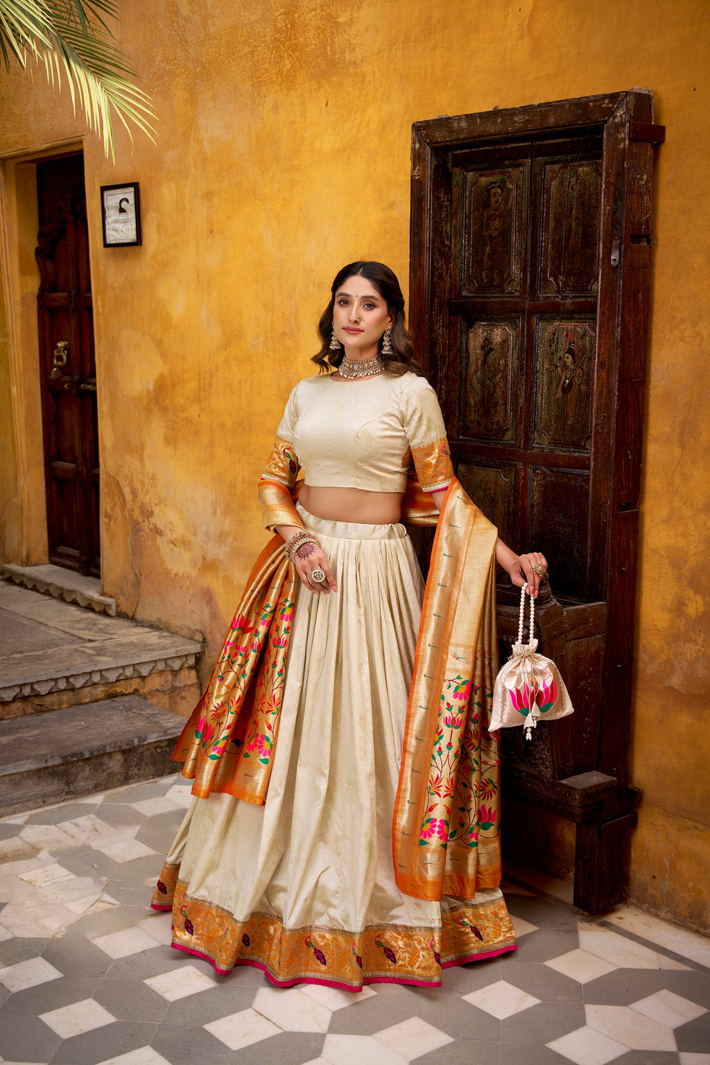 Off White Silk Paithani Lehenga Choli with Zari and Lace